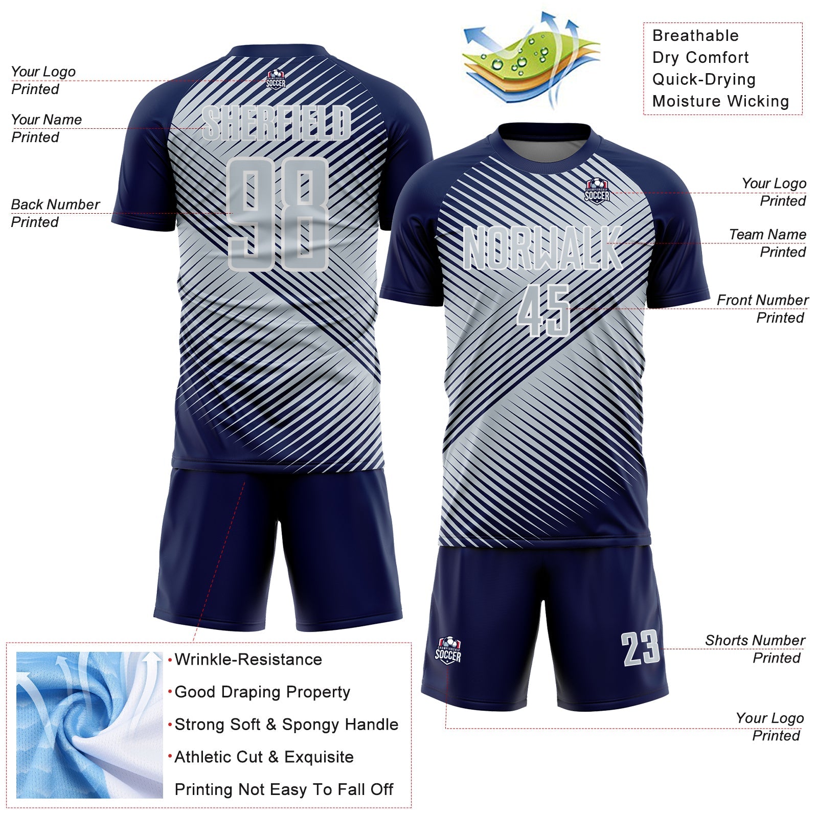 Custom Navy Silver-White Line Sublimation Soccer Uniform Jersey