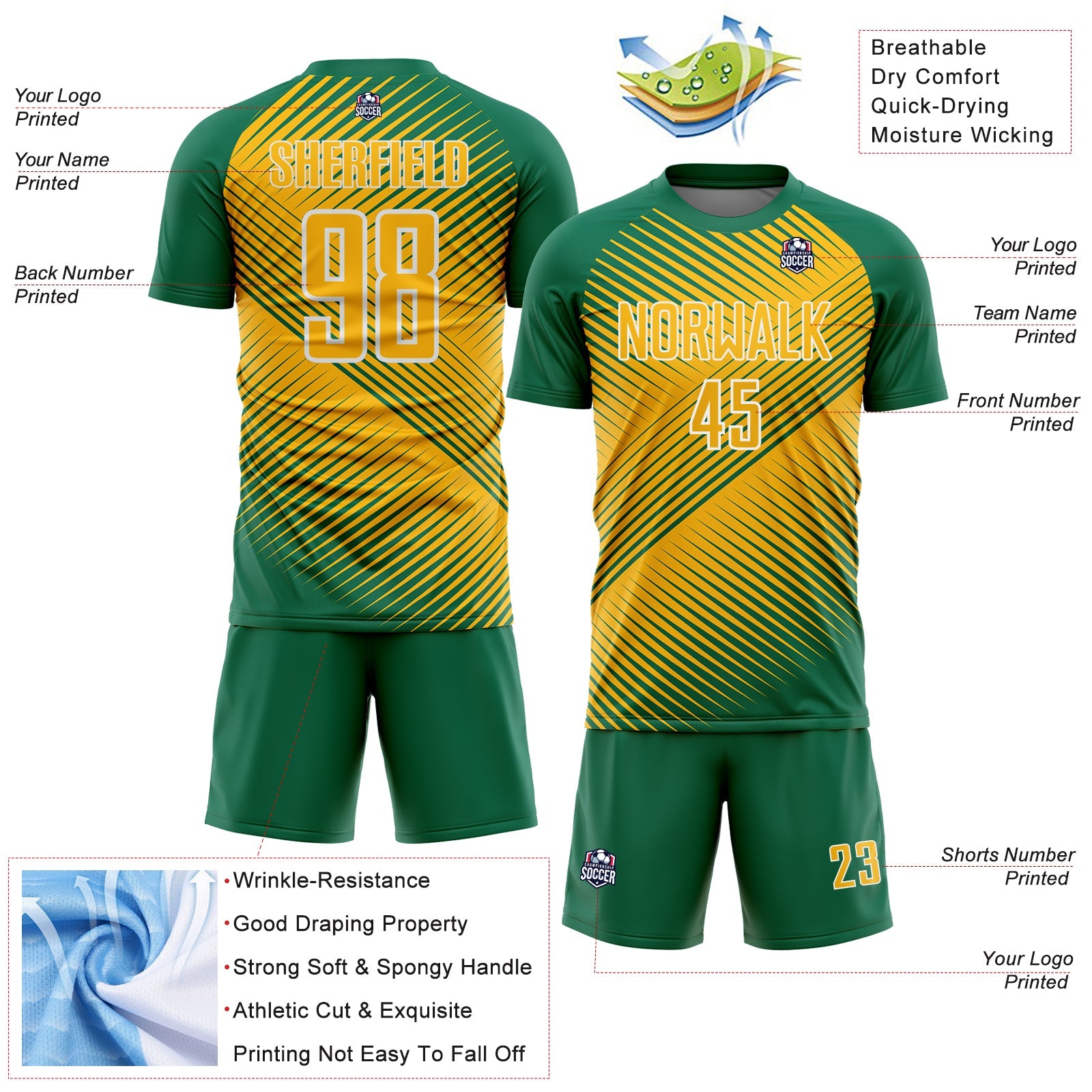 Custom Kelly Green Gold-White Line Sublimation Soccer Uniform Jersey