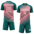 Custom Teal Medium Pink-White Line Sublimation Soccer Uniform Jersey