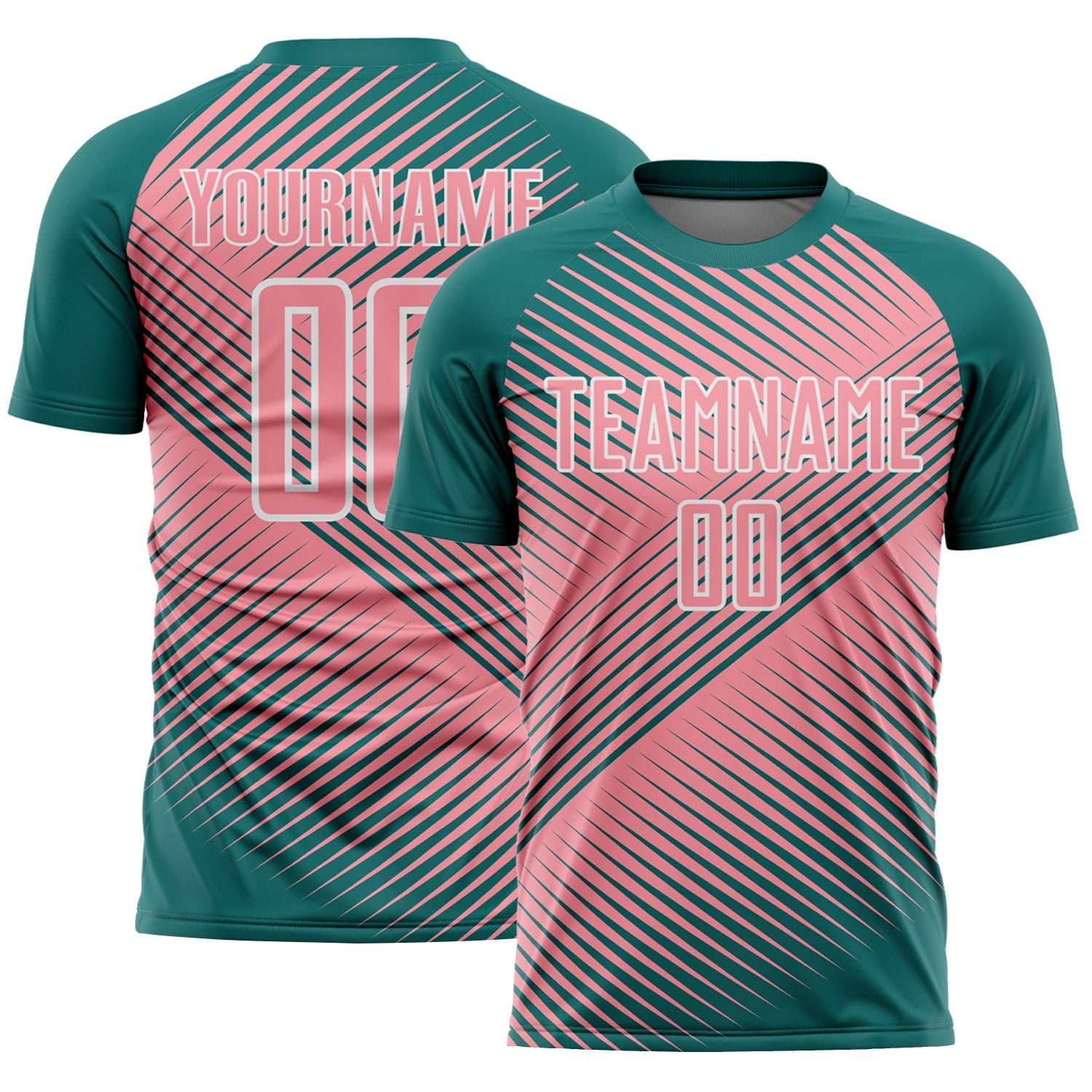 Custom Teal Medium Pink-White Line Sublimation Soccer Uniform Jersey
