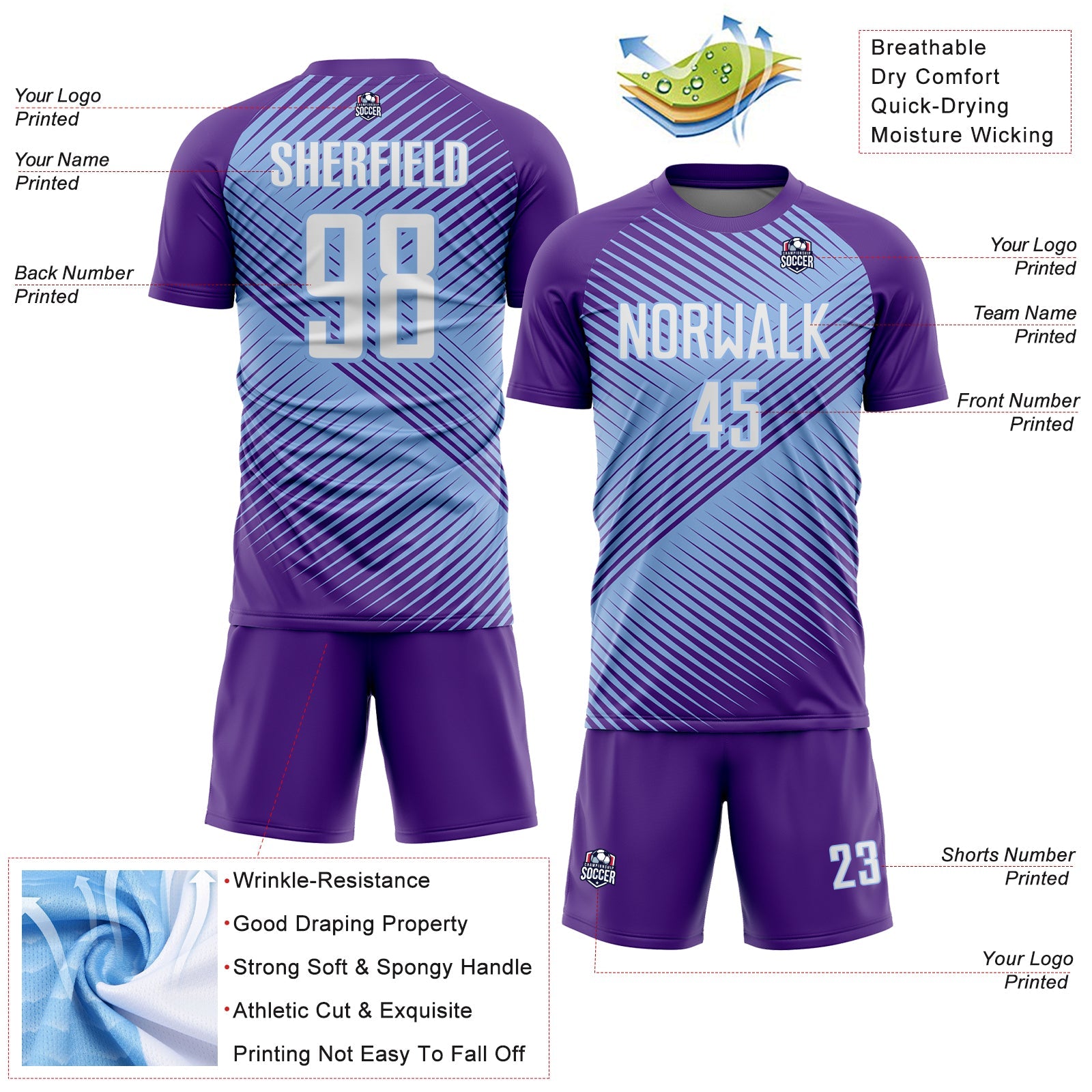 Custom Purple White-Light Blue Line Sublimation Soccer Uniform Jersey