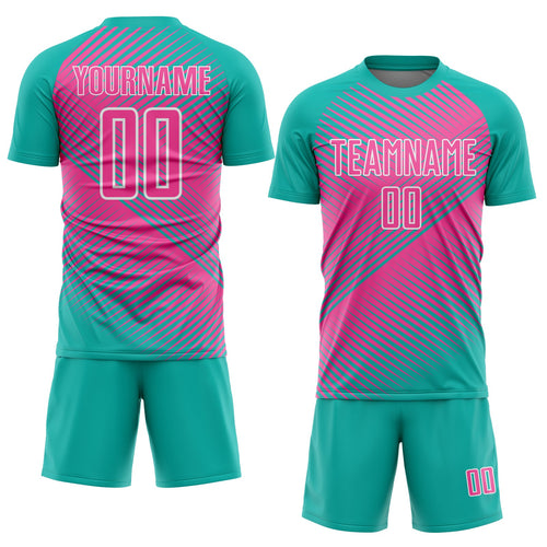 Custom Aqua Pink-White Line Sublimation Soccer Uniform Jersey