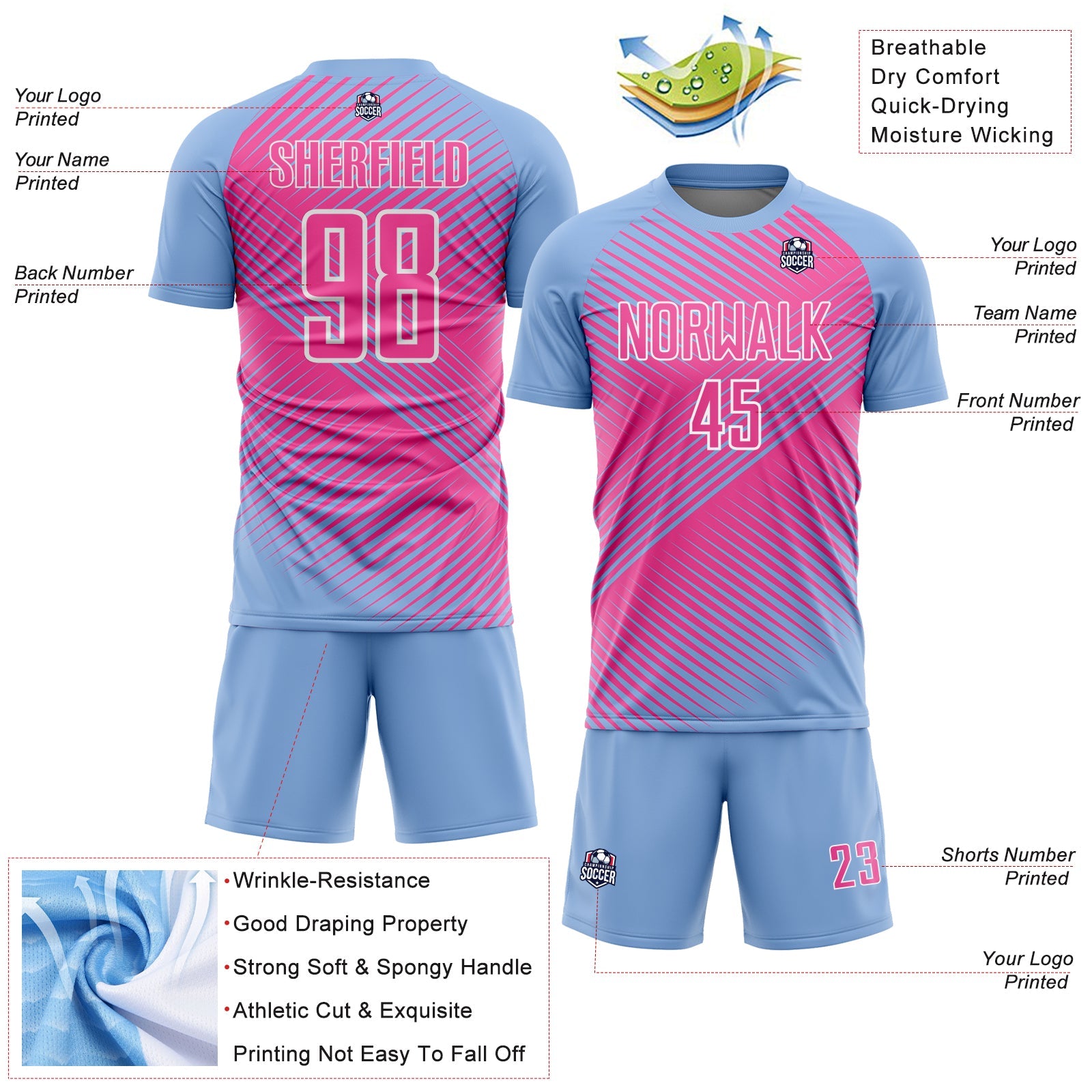 Custom Light Blue Pink-White Line Sublimation Soccer Uniform Jersey