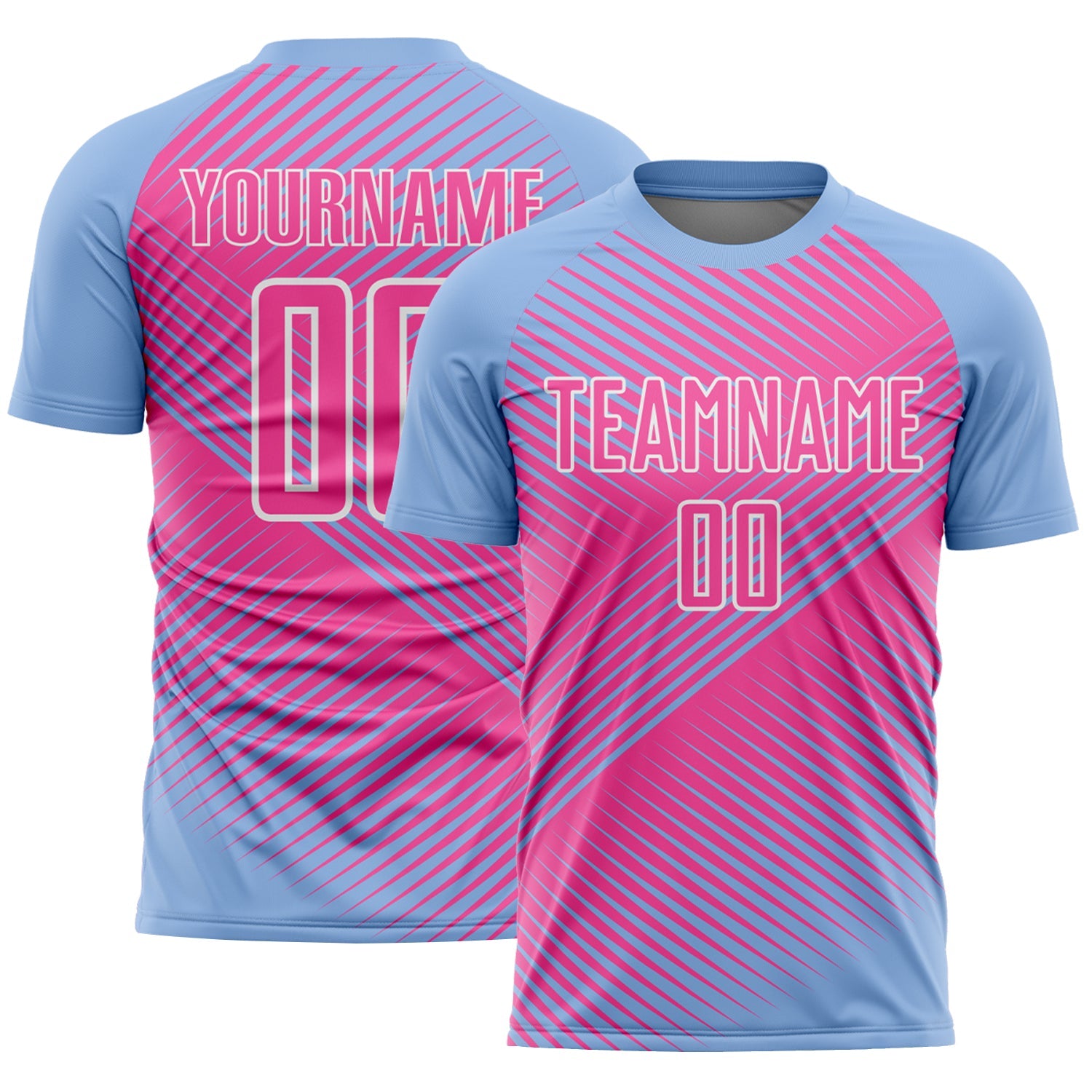 Custom Light Blue Pink-White Line Sublimation Soccer Uniform Jersey