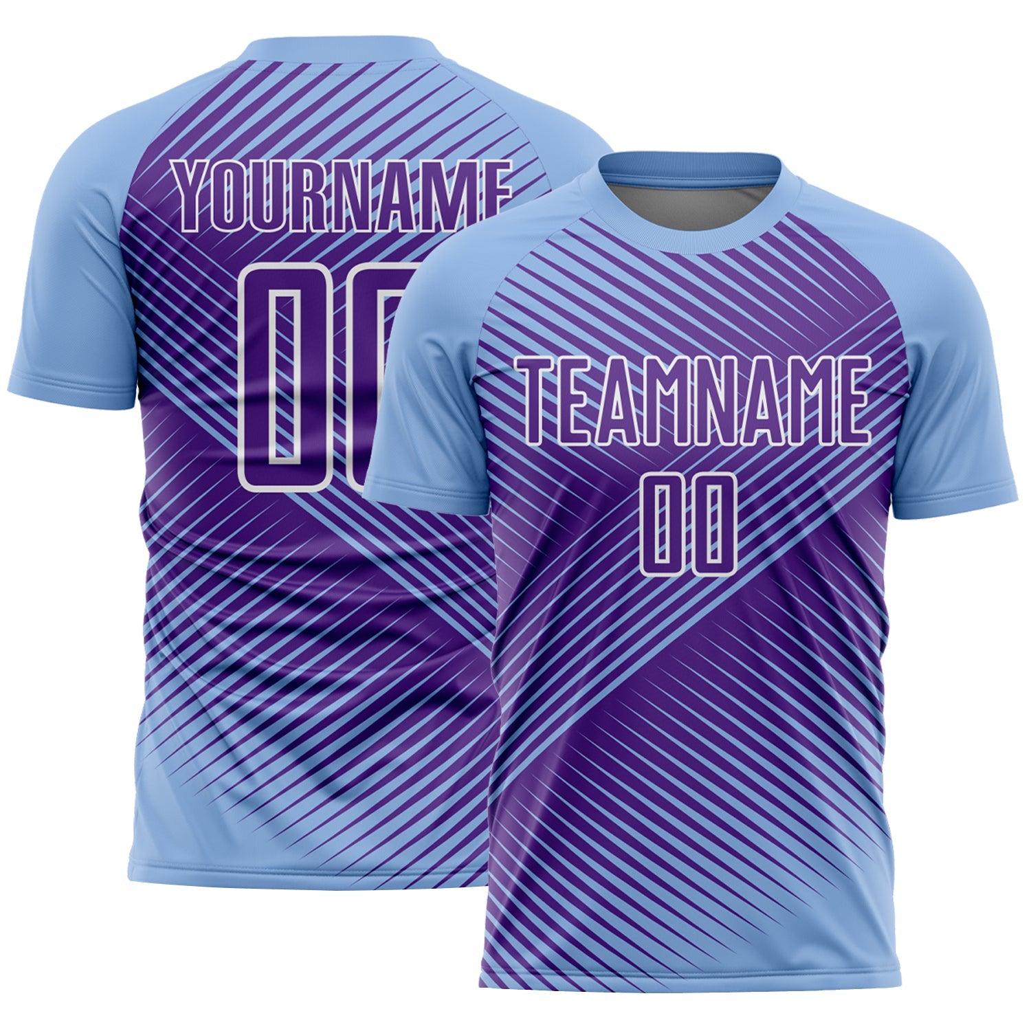 Custom Light Blue Purple-White Line Sublimation Soccer Uniform Jersey