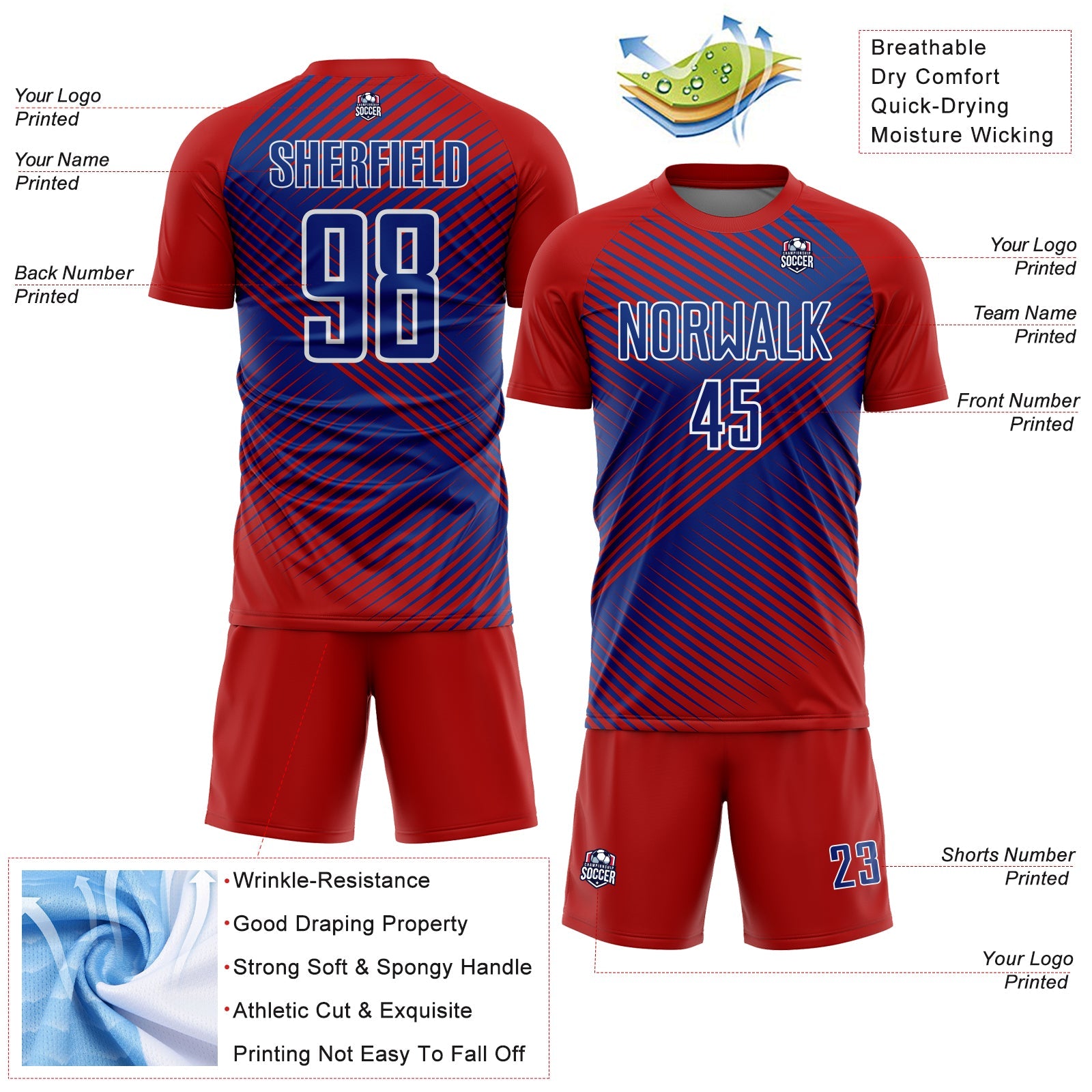 Custom Red Royal-White Line Sublimation Soccer Uniform Jersey