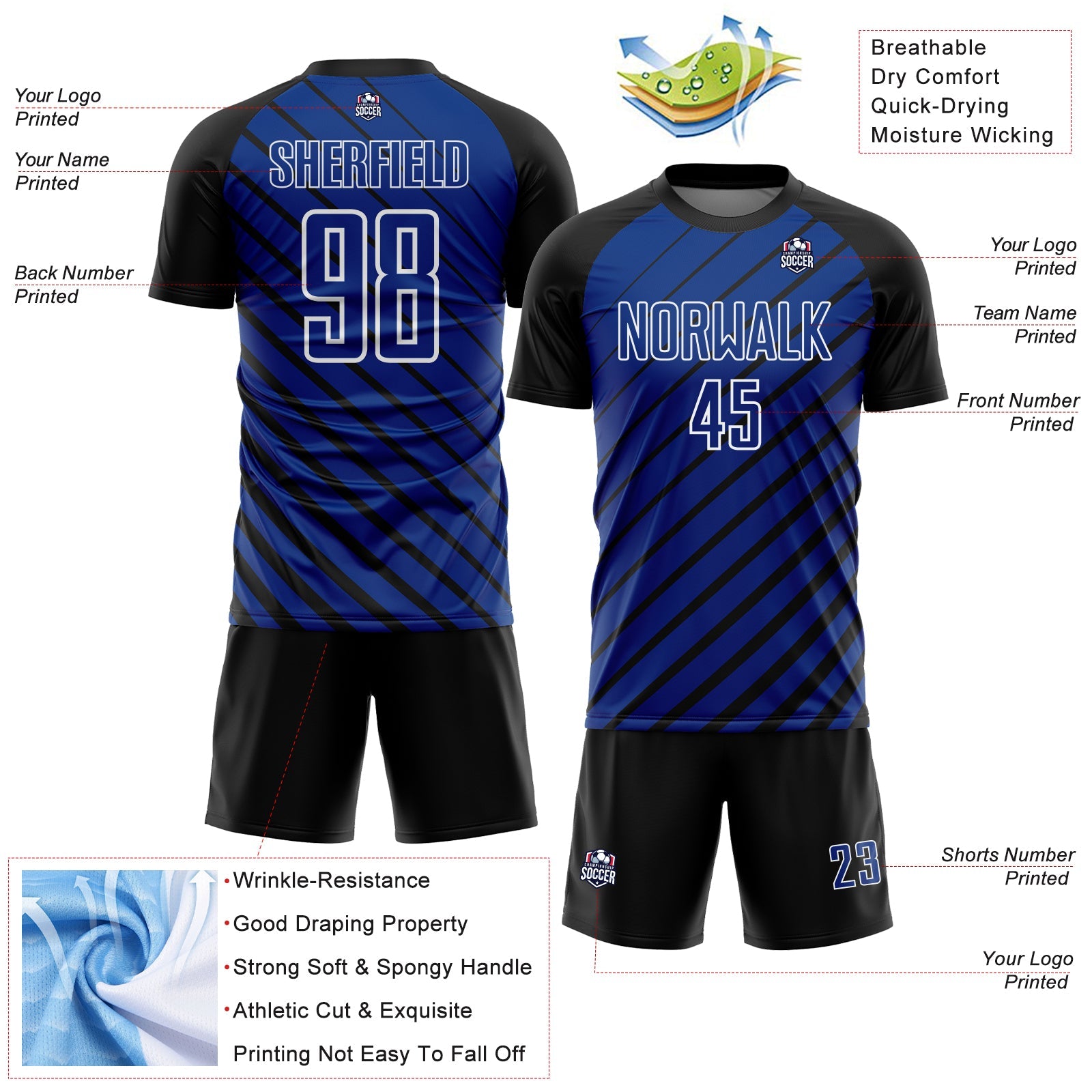 Custom Black Royal-White Lines Sublimation Soccer Uniform Jersey