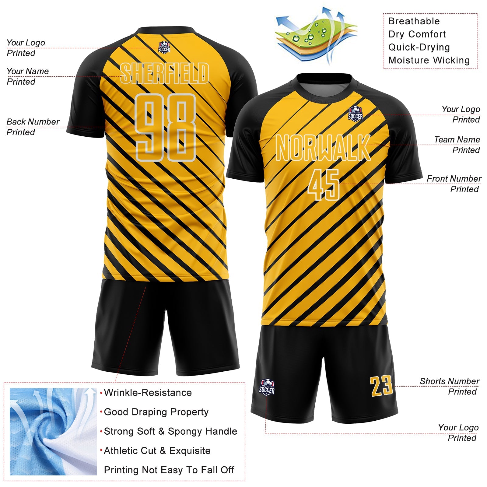 Custom Black Gold-White Lines Sublimation Soccer Uniform Jersey