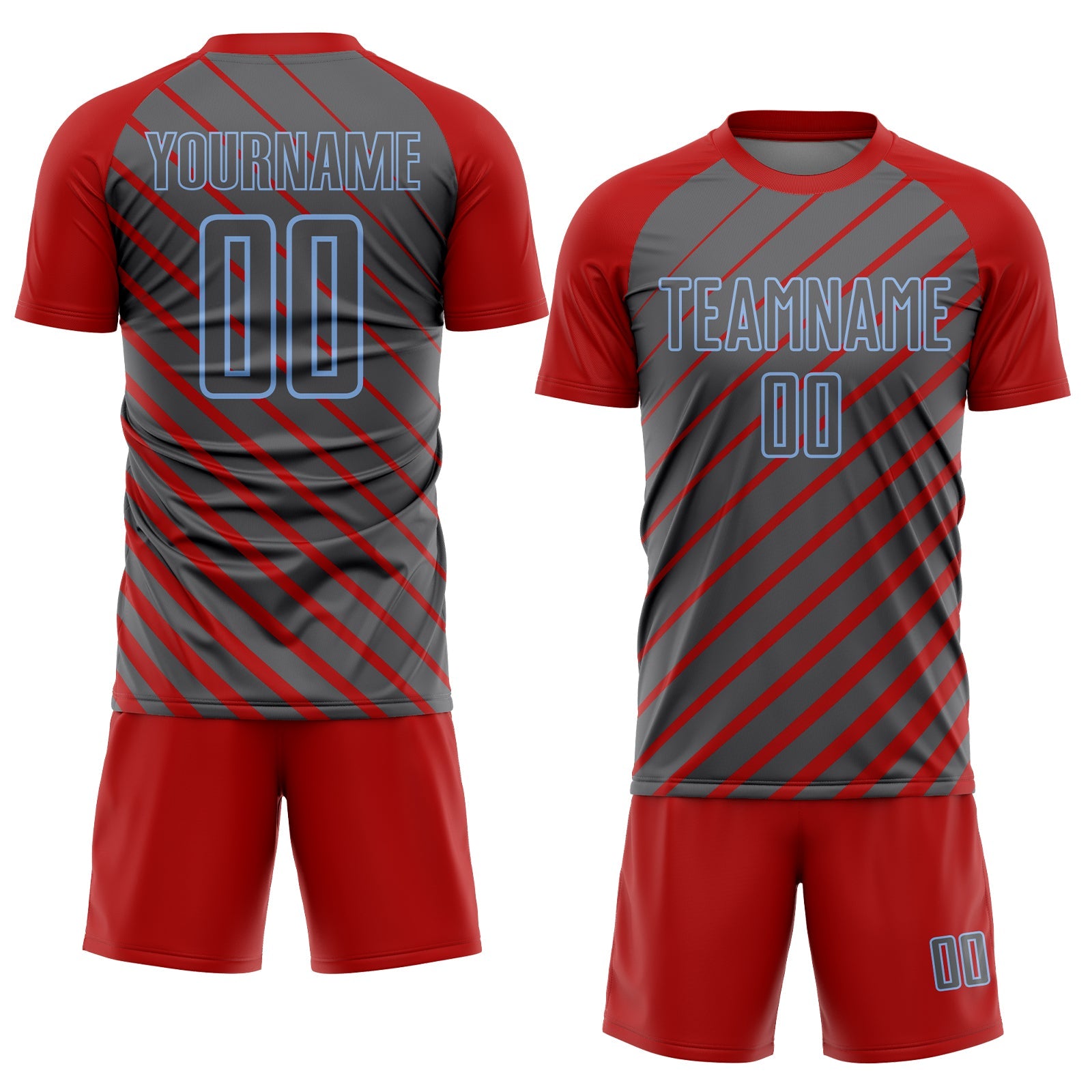 Custom Red Steel Gray-Light Blue Lines Sublimation Soccer Uniform Jersey