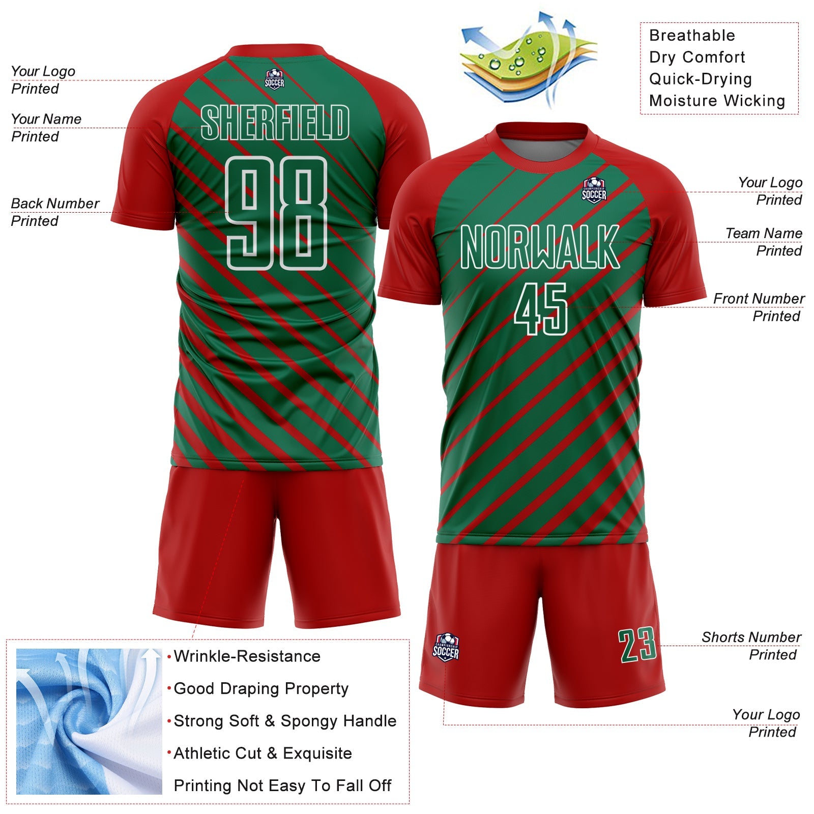 Custom Red Kelly Green-White Lines Sublimation Soccer Uniform Jersey