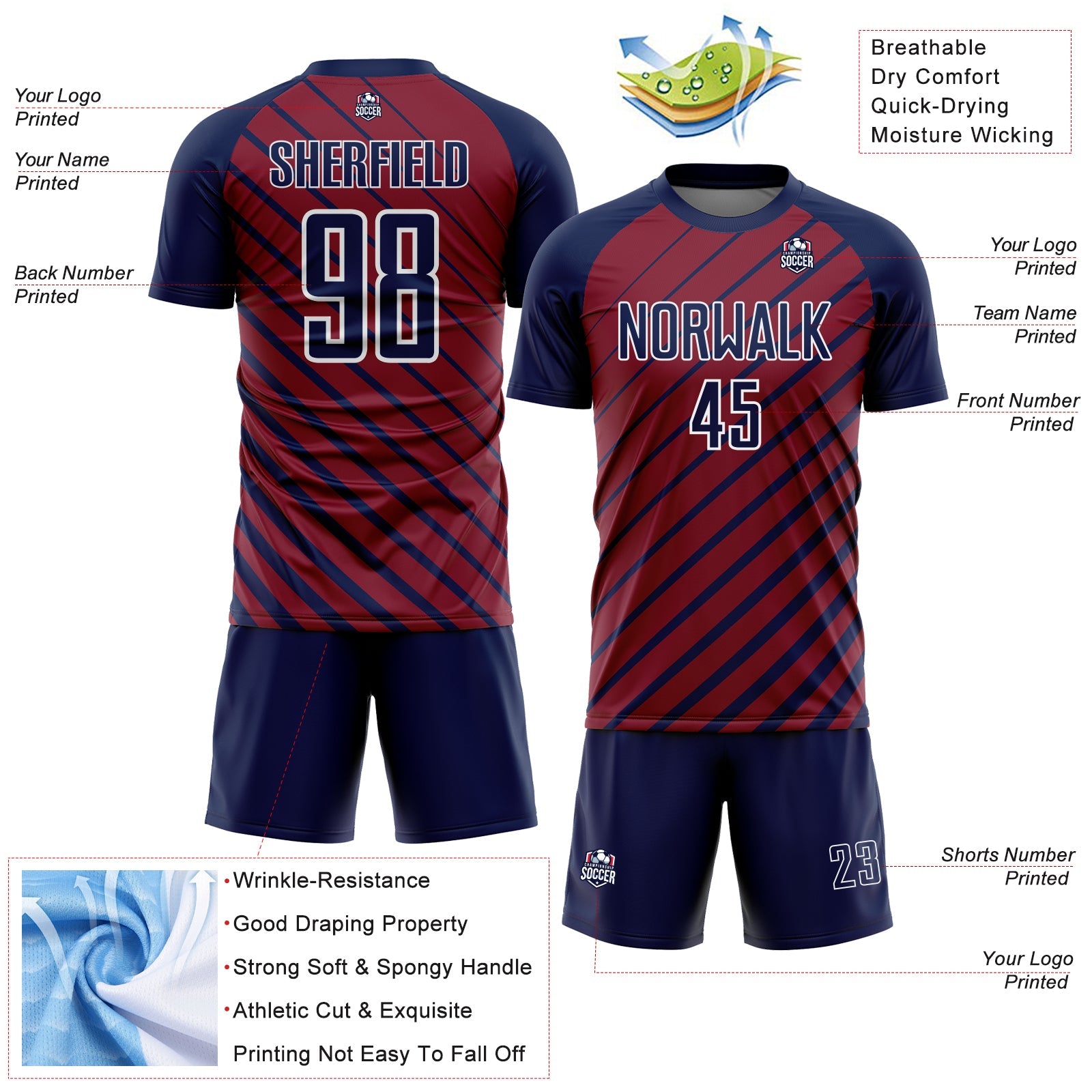 Custom Navy Crimson-White Lines Sublimation Soccer Uniform Jersey