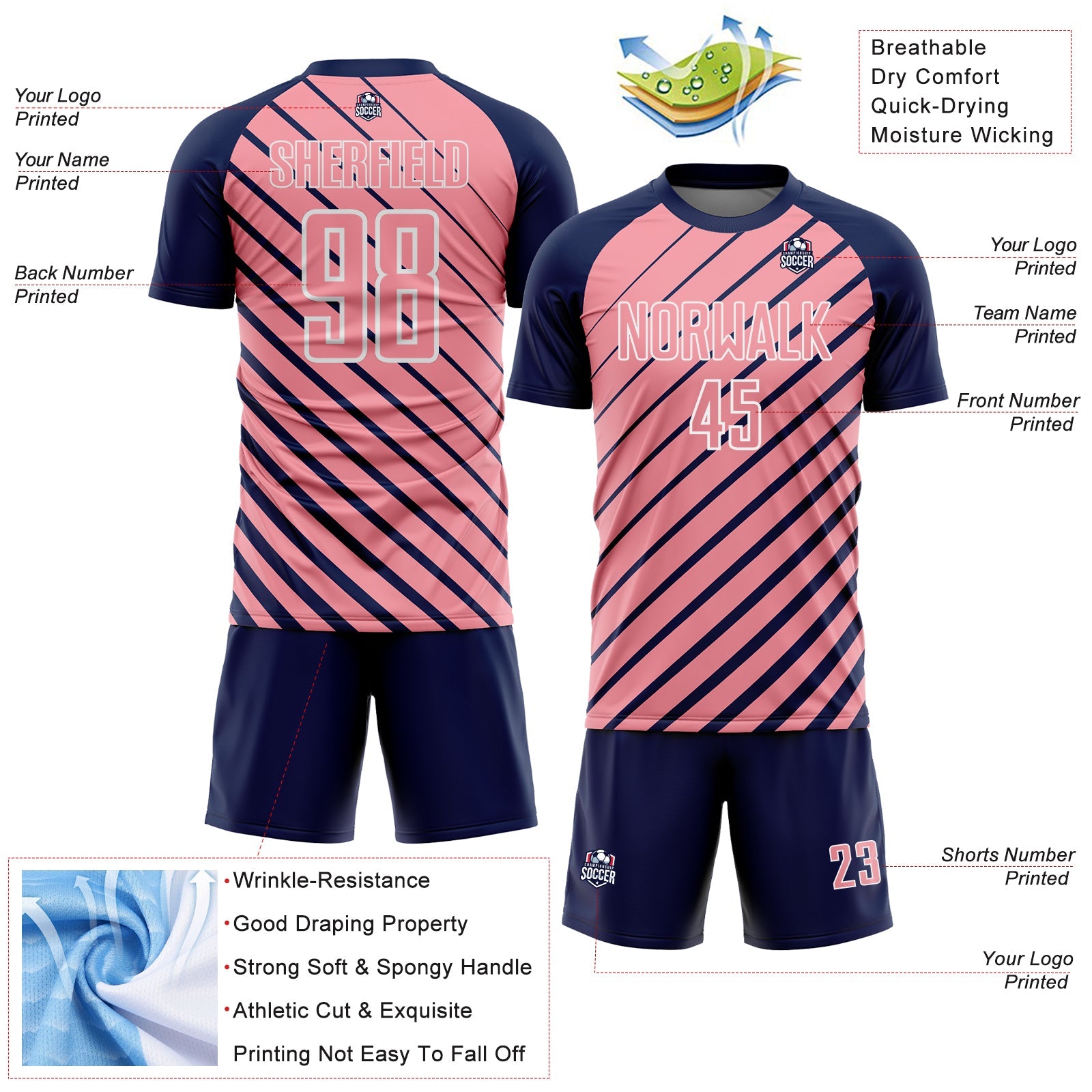 Custom Navy Medium Pink-White Lines Sublimation Soccer Uniform Jersey