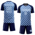 Custom Navy Light Blue-White Lines Sublimation Soccer Uniform Jersey
