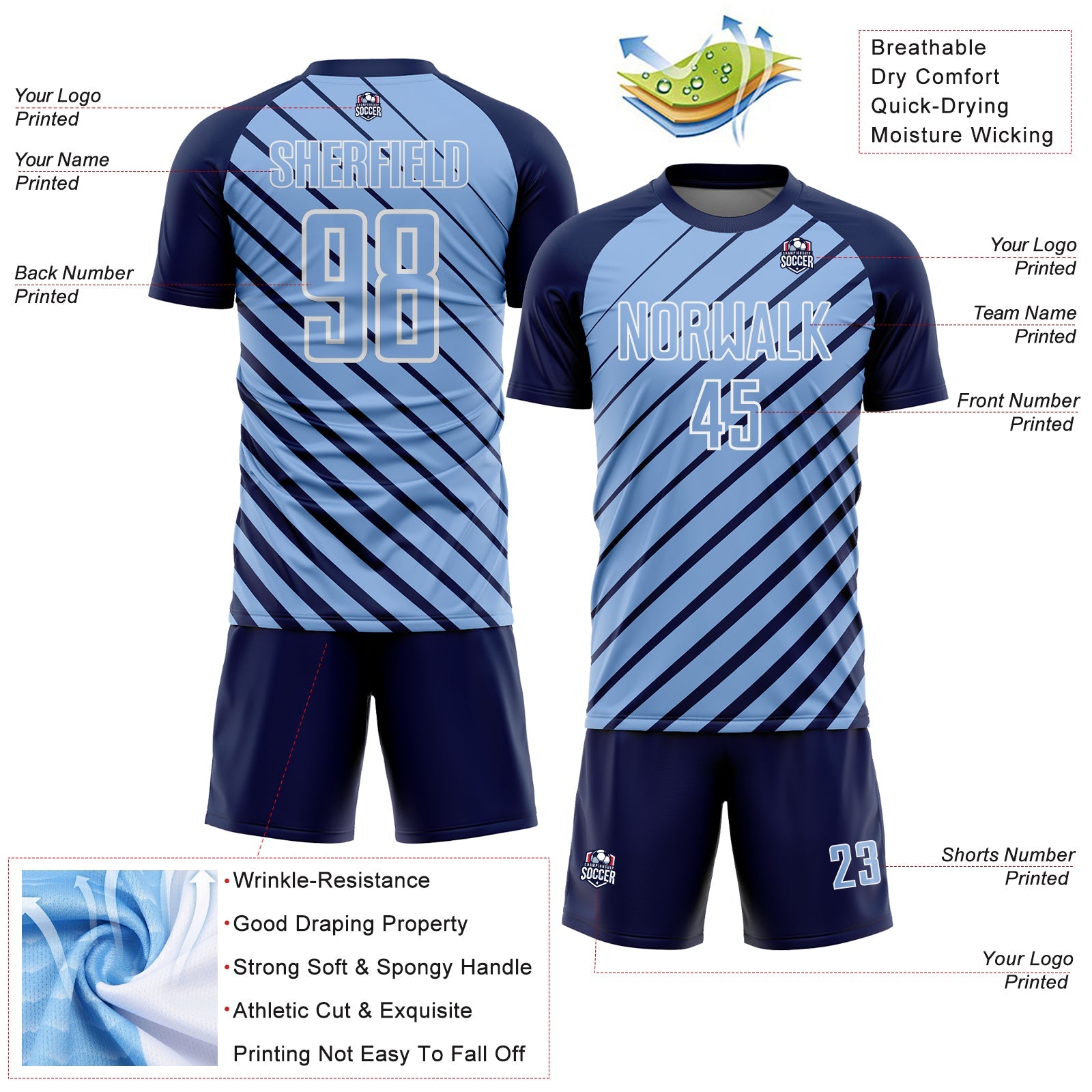 Custom Navy Light Blue-White Lines Sublimation Soccer Uniform Jersey
