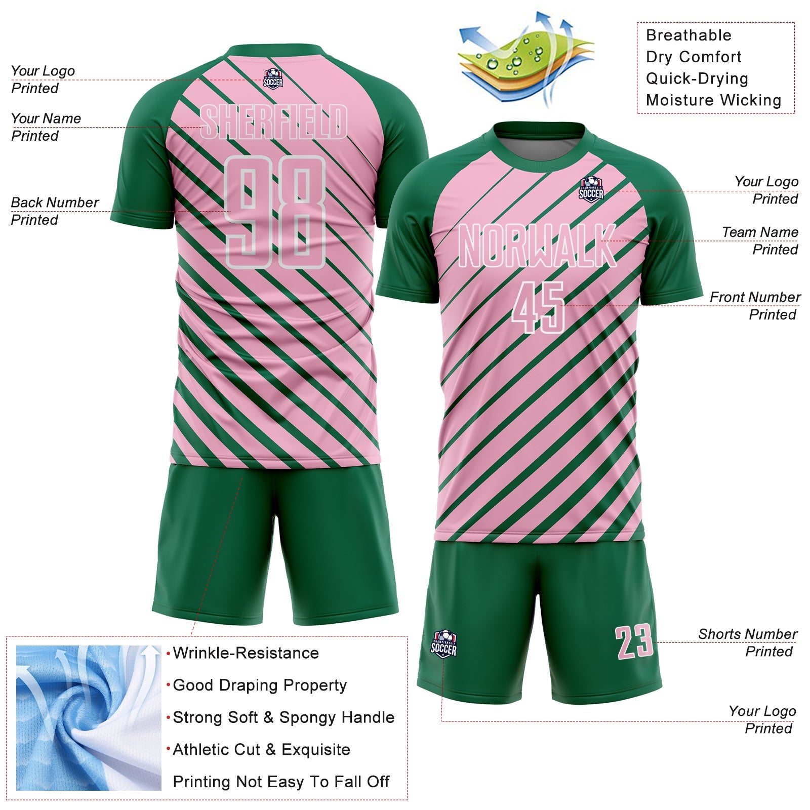 Custom Kelly Green Light Pink-White Lines Sublimation Soccer Uniform Jersey