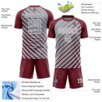 Custom Burgundy Gray-White Lines Sublimation Soccer Uniform Jersey