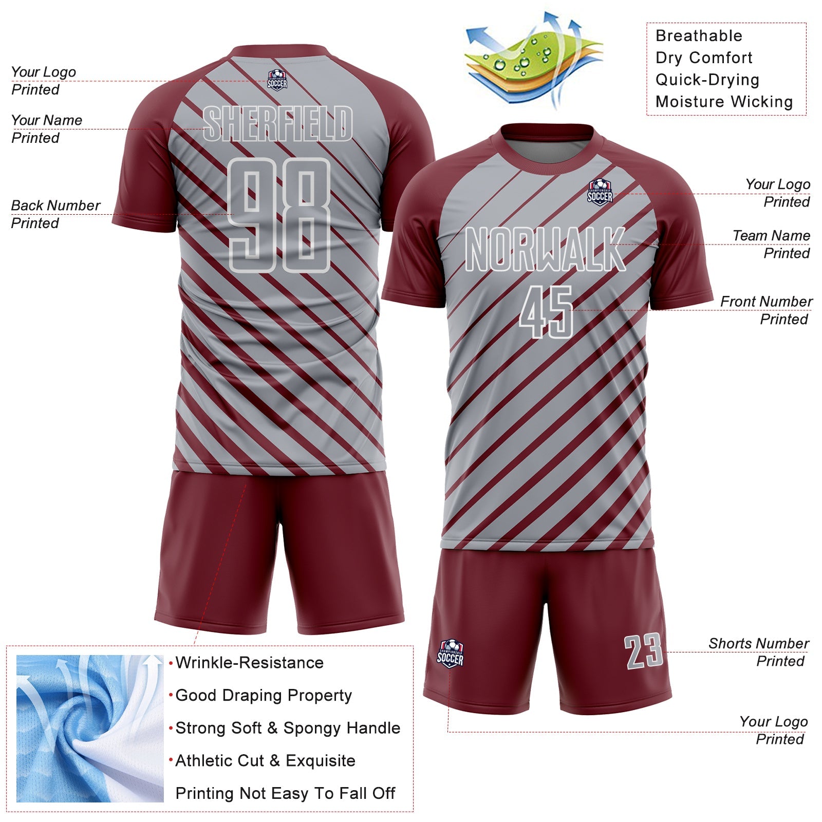 Custom Burgundy Gray-White Lines Sublimation Soccer Uniform Jersey