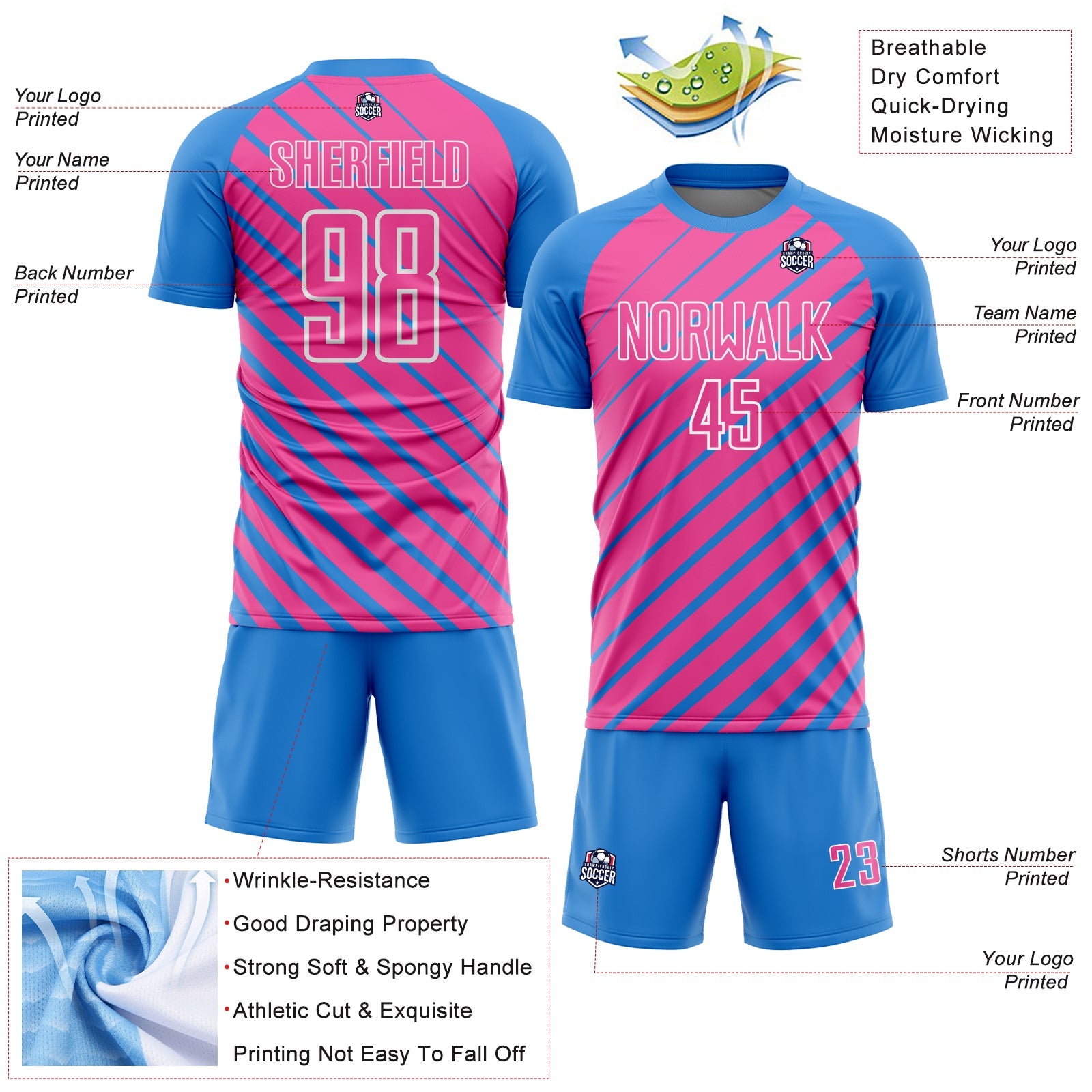 Custom Powder Blue Pink-White Lines Sublimation Soccer Uniform Jersey
