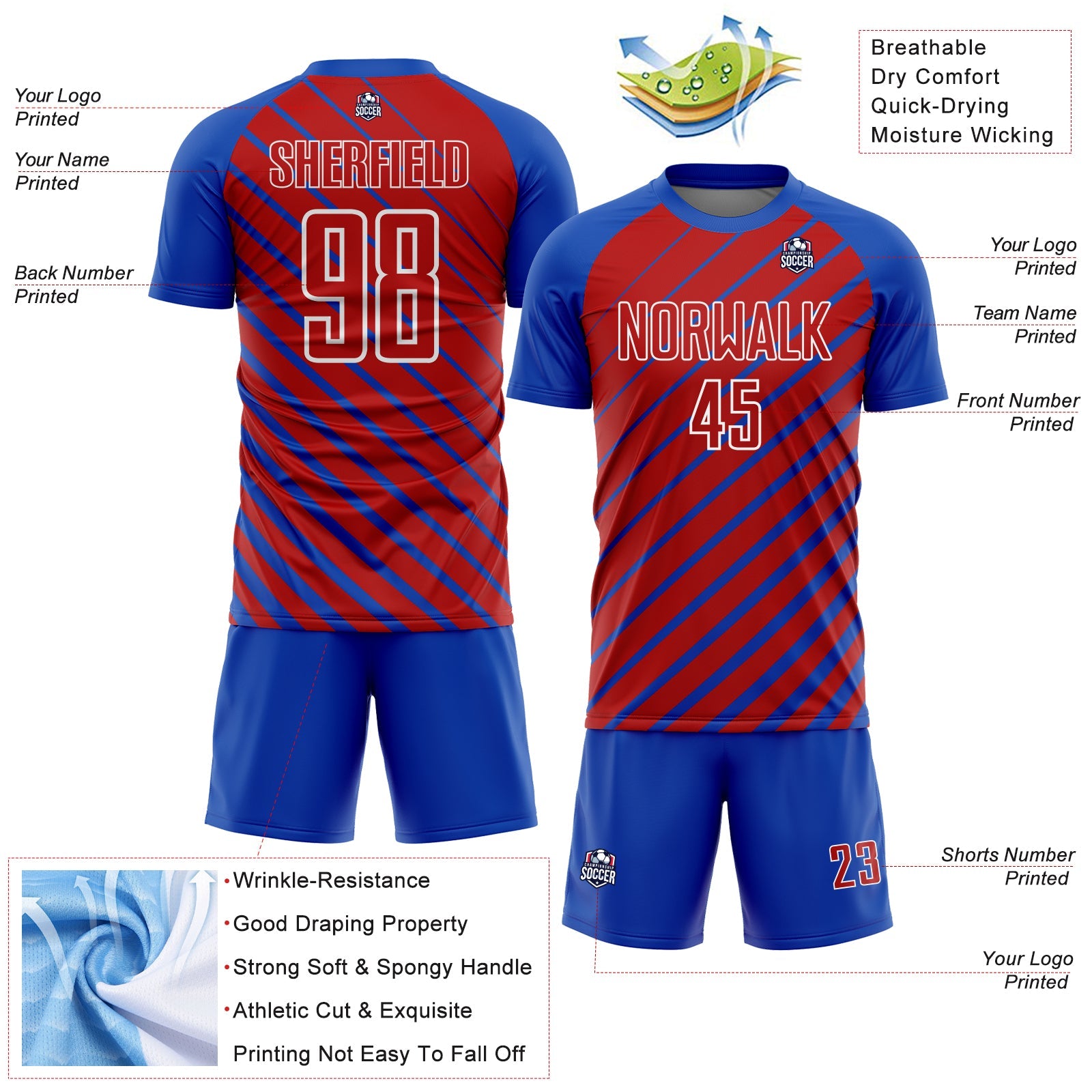Custom Thunder Blue Red-White Lines Sublimation Soccer Uniform Jersey