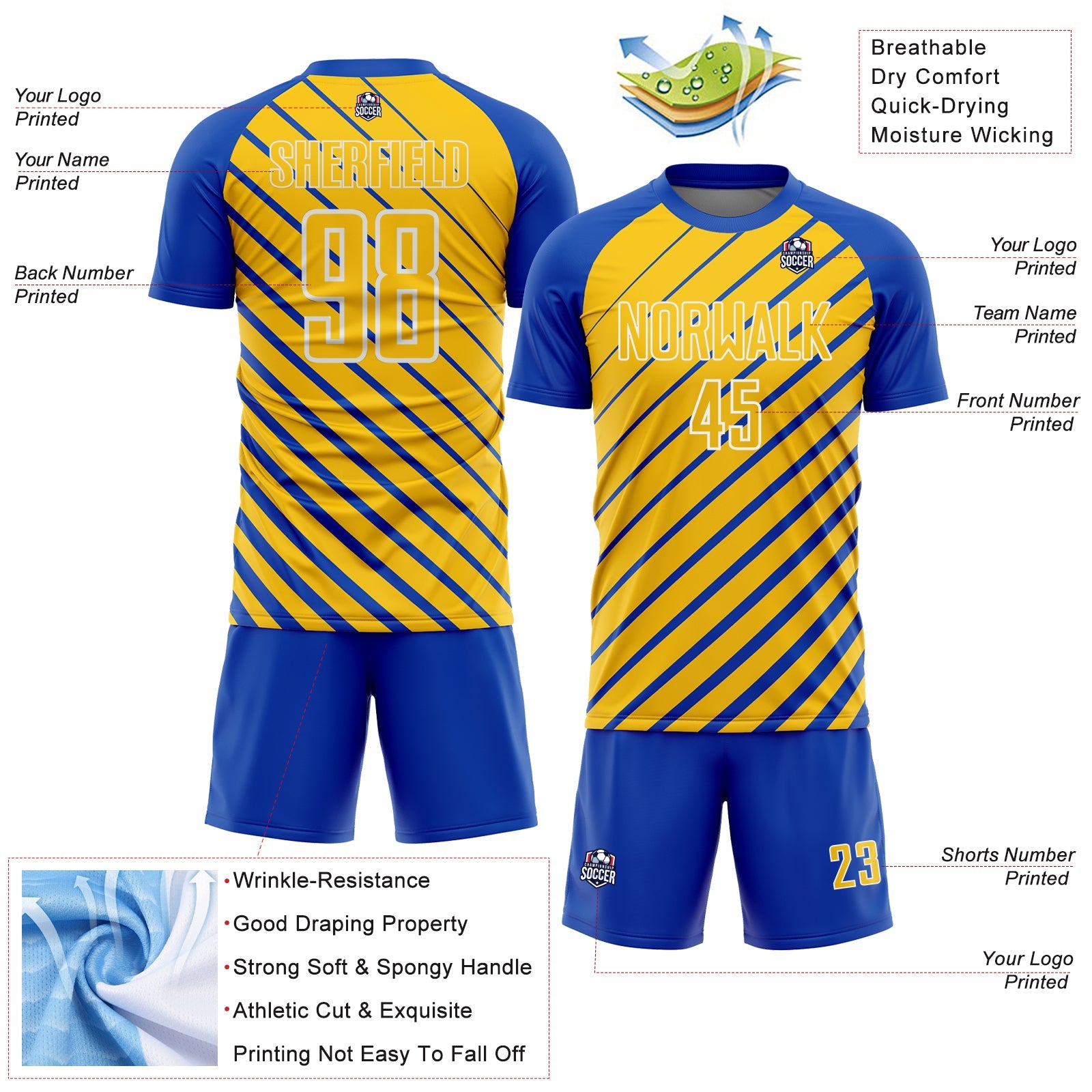Custom Thunder Blue Yellow-White Lines Sublimation Soccer Uniform Jersey