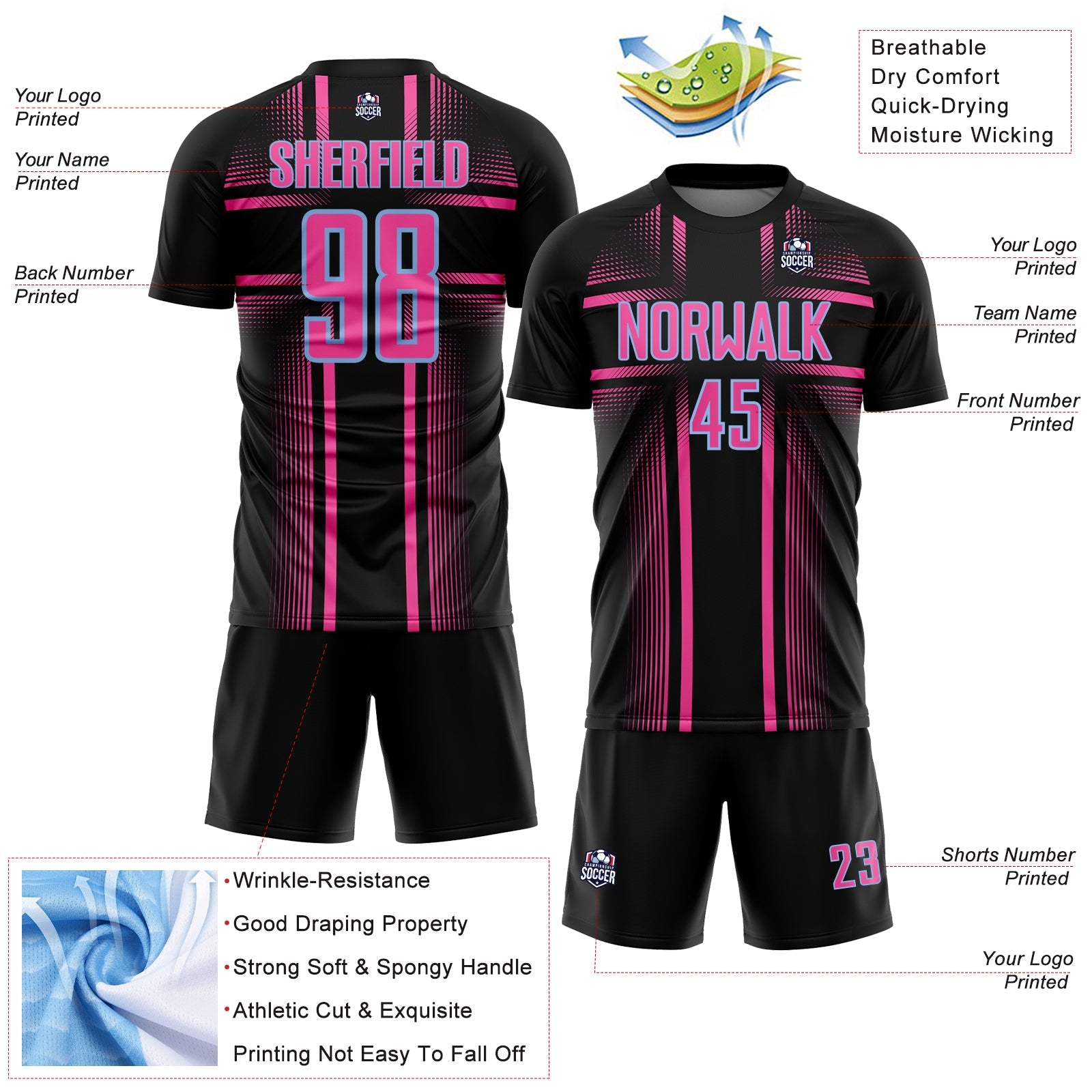 Custom Black Pink-Light Blue Lines Sublimation Soccer Uniform Jersey