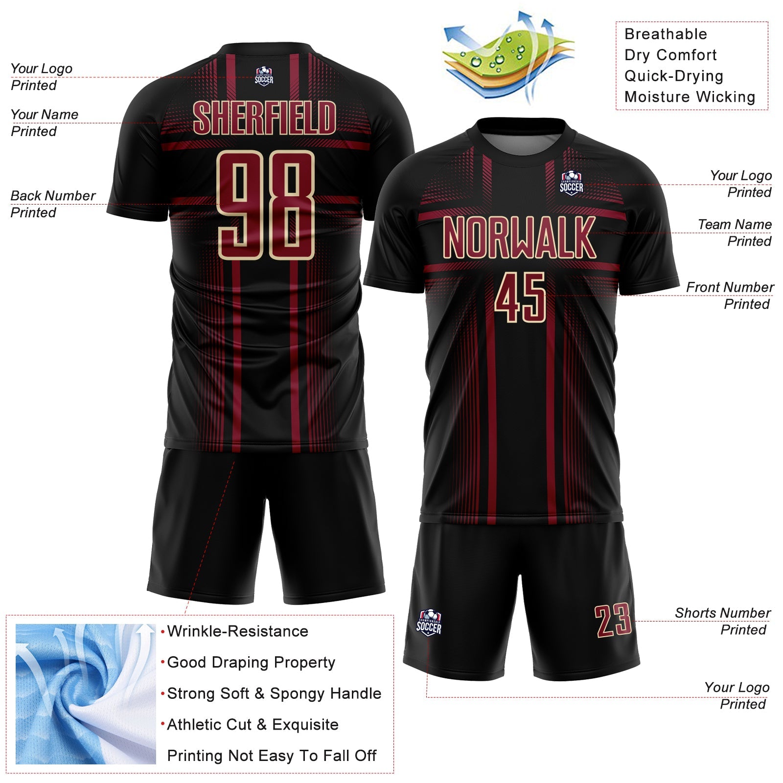 Custom Black Crimson-Cream Lines Sublimation Soccer Uniform Jersey