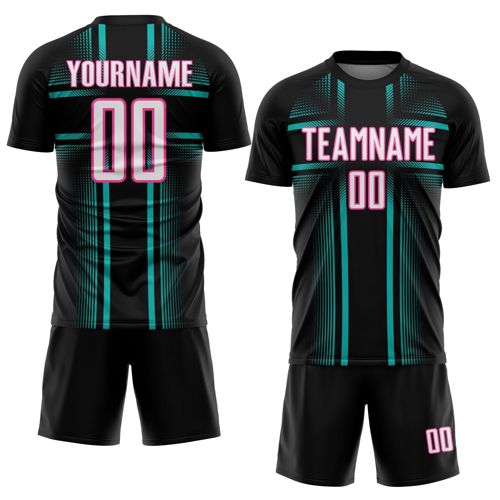 Custom Black White Aqua-Pink Lines Sublimation Soccer Uniform Jersey