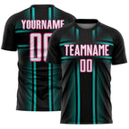 Custom Black White Aqua-Pink Lines Sublimation Soccer Uniform Jersey