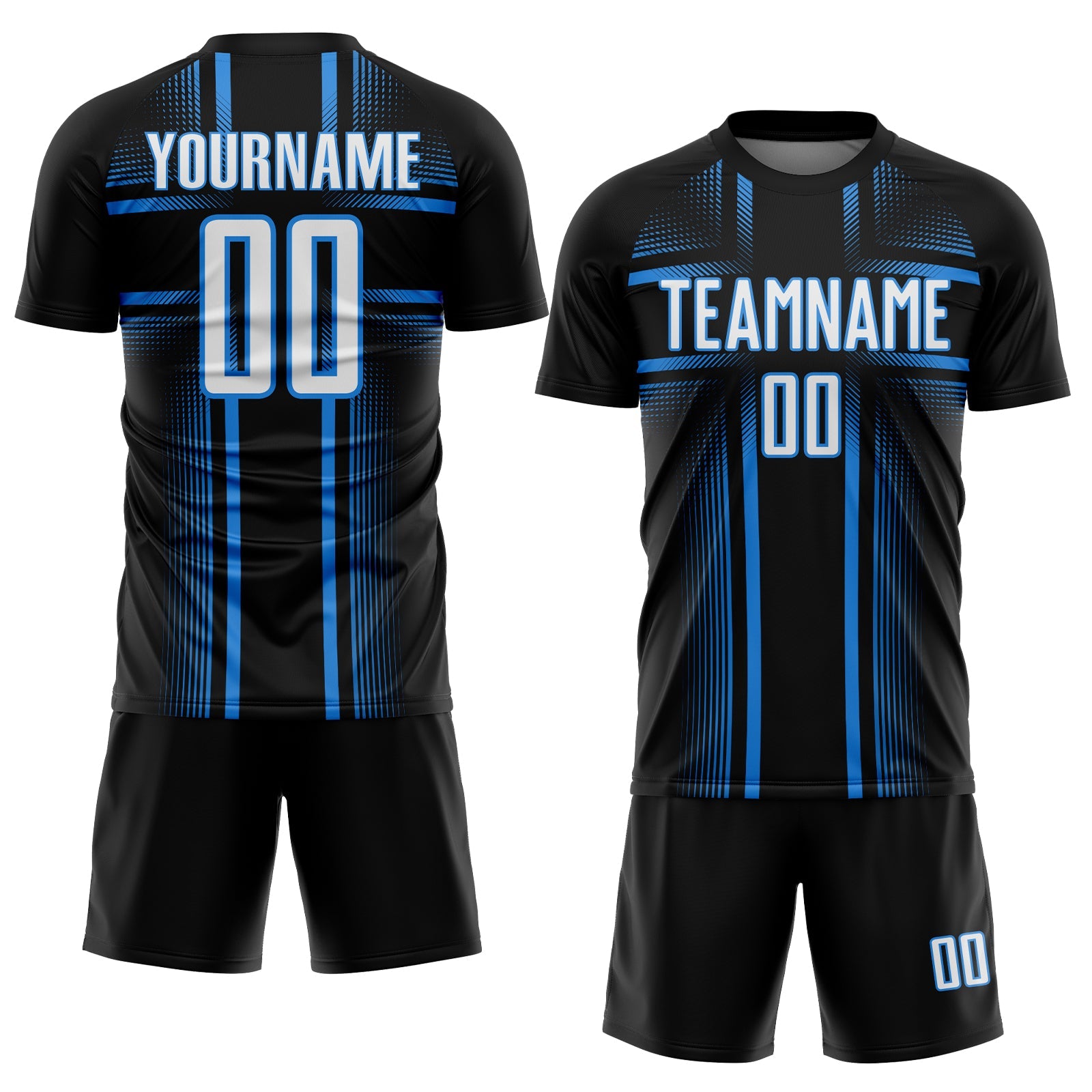 Custom Black White-Powder Blue Lines Sublimation Soccer Uniform Jersey