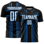 Custom Black White-Powder Blue Lines Sublimation Soccer Uniform Jersey