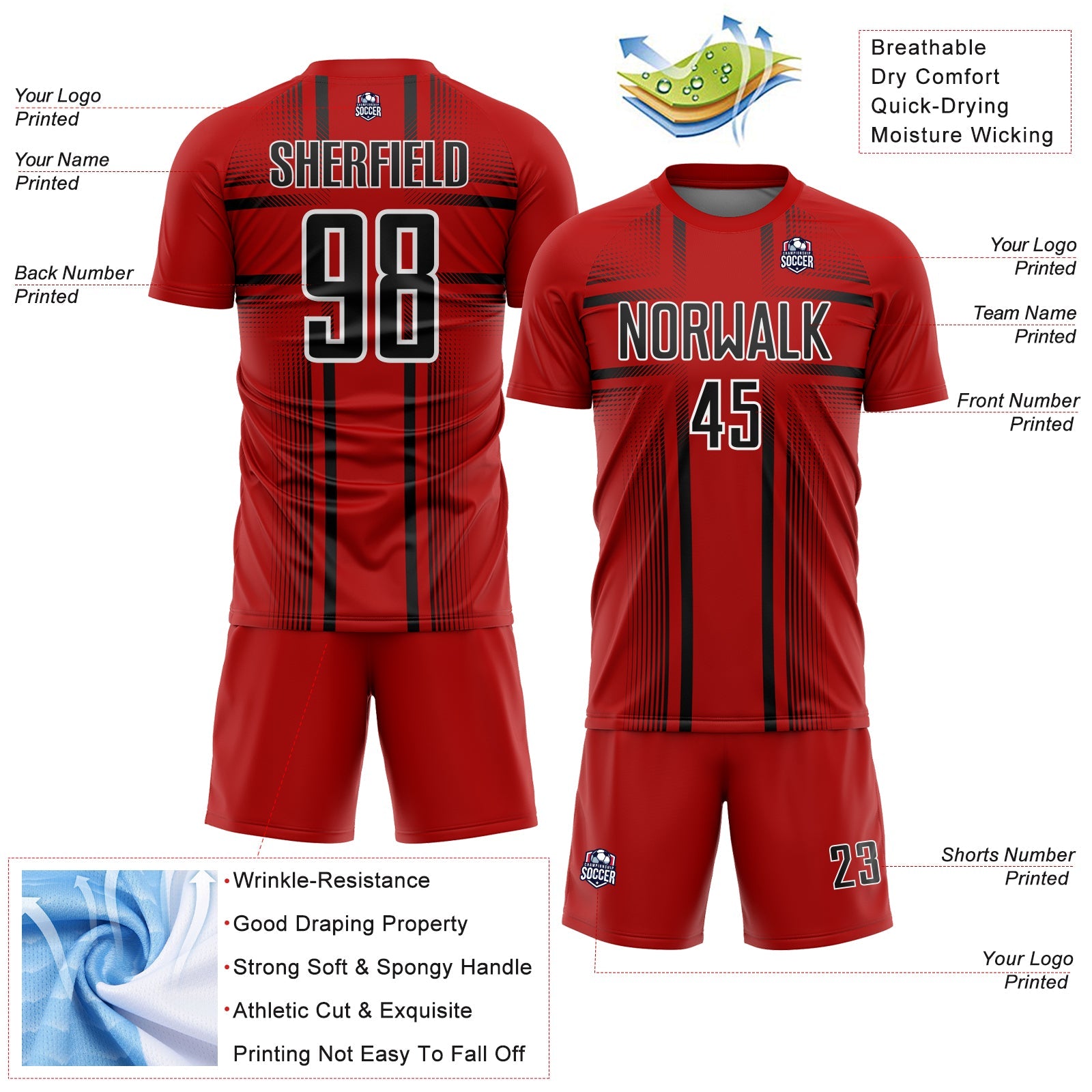 Custom Red Black-White Lines Sublimation Soccer Uniform Jersey
