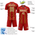 Custom Red Old Gold-White Lines Sublimation Soccer Uniform Jersey