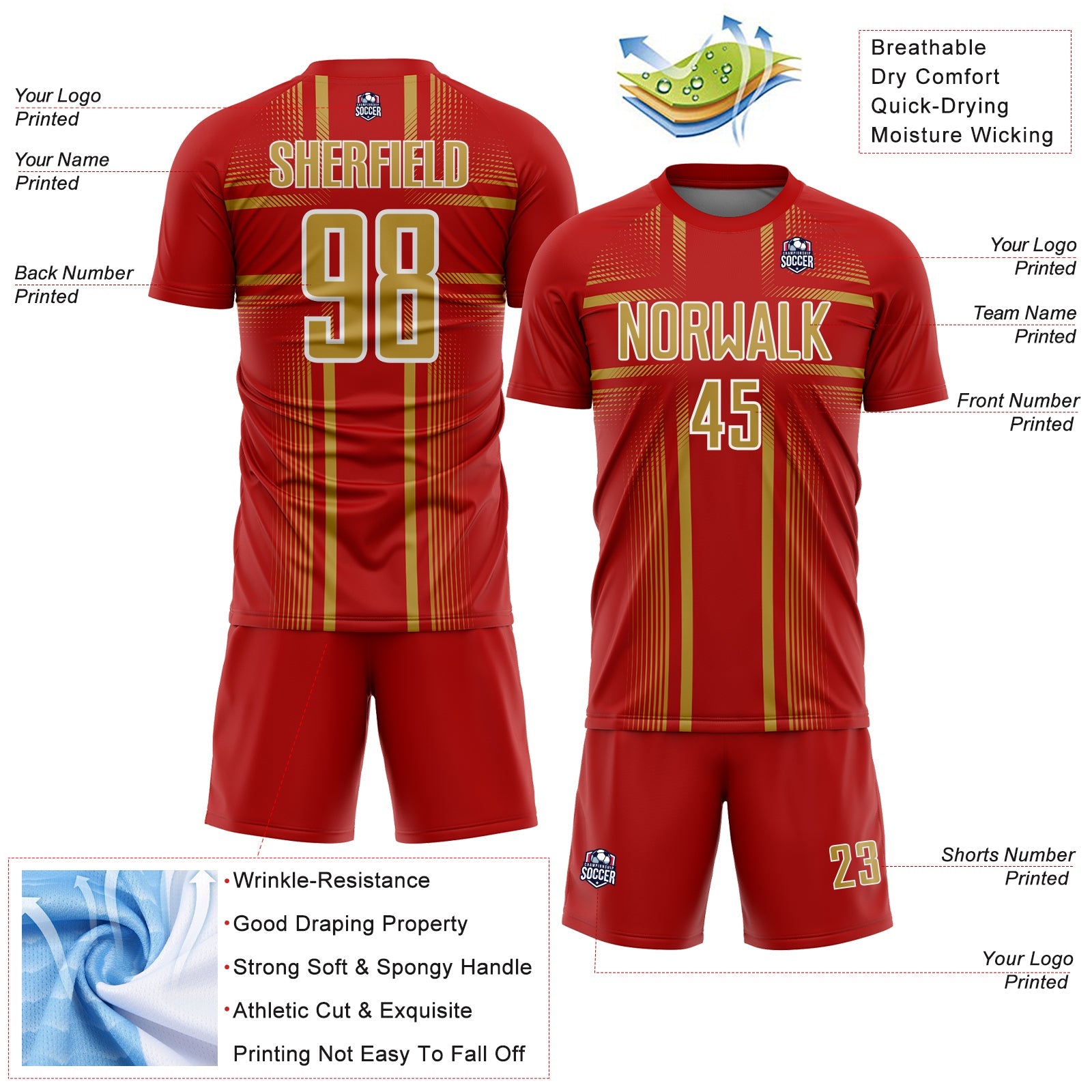 Custom Red Old Gold-White Lines Sublimation Soccer Uniform Jersey