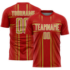 Custom Red Old Gold-White Lines Sublimation Soccer Uniform Jersey