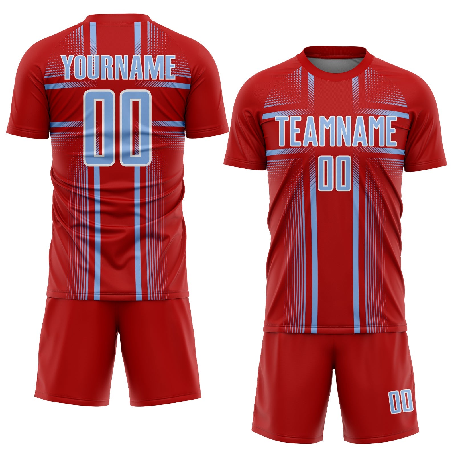 Custom Red Light Blue-White Lines Sublimation Soccer Uniform Jersey
