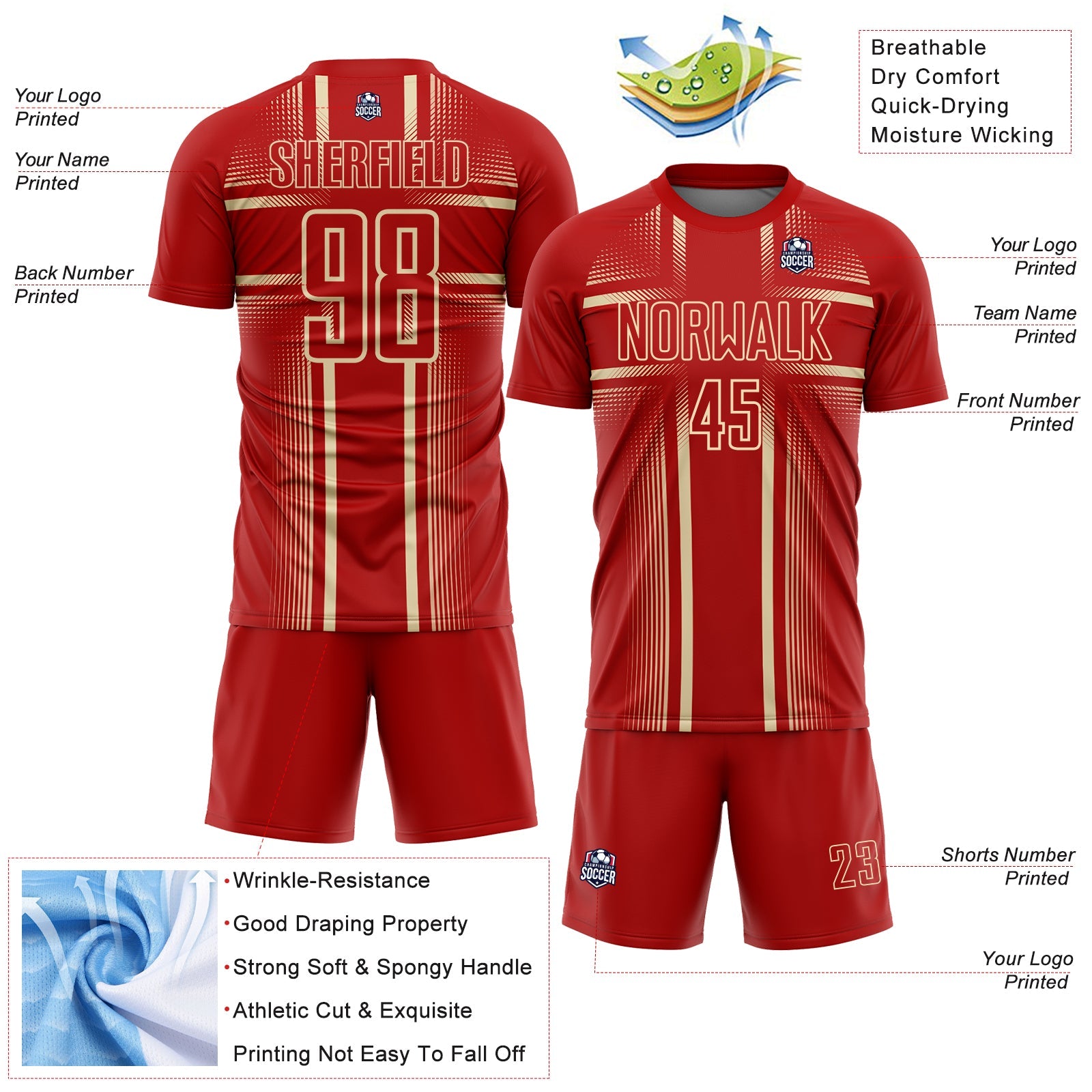 Custom Red Cream Lines Sublimation Soccer Uniform Jersey