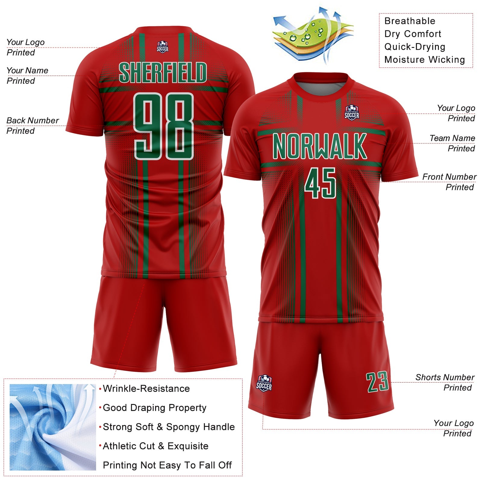 Custom Red Kelly Green-White Lines Sublimation Soccer Uniform Jersey