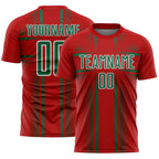 Custom Red Kelly Green-White Lines Sublimation Soccer Uniform Jersey