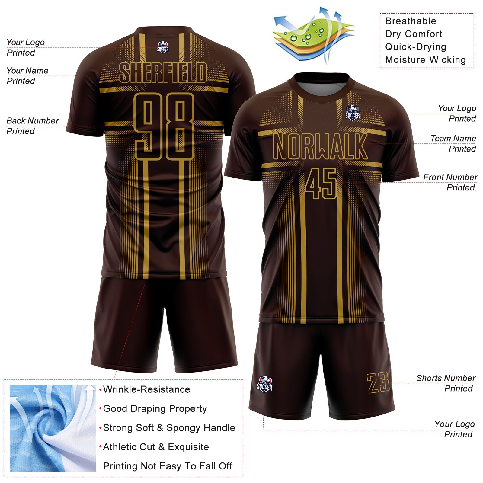 Custom Brown Old Gold Lines Sublimation Soccer Uniform Jersey