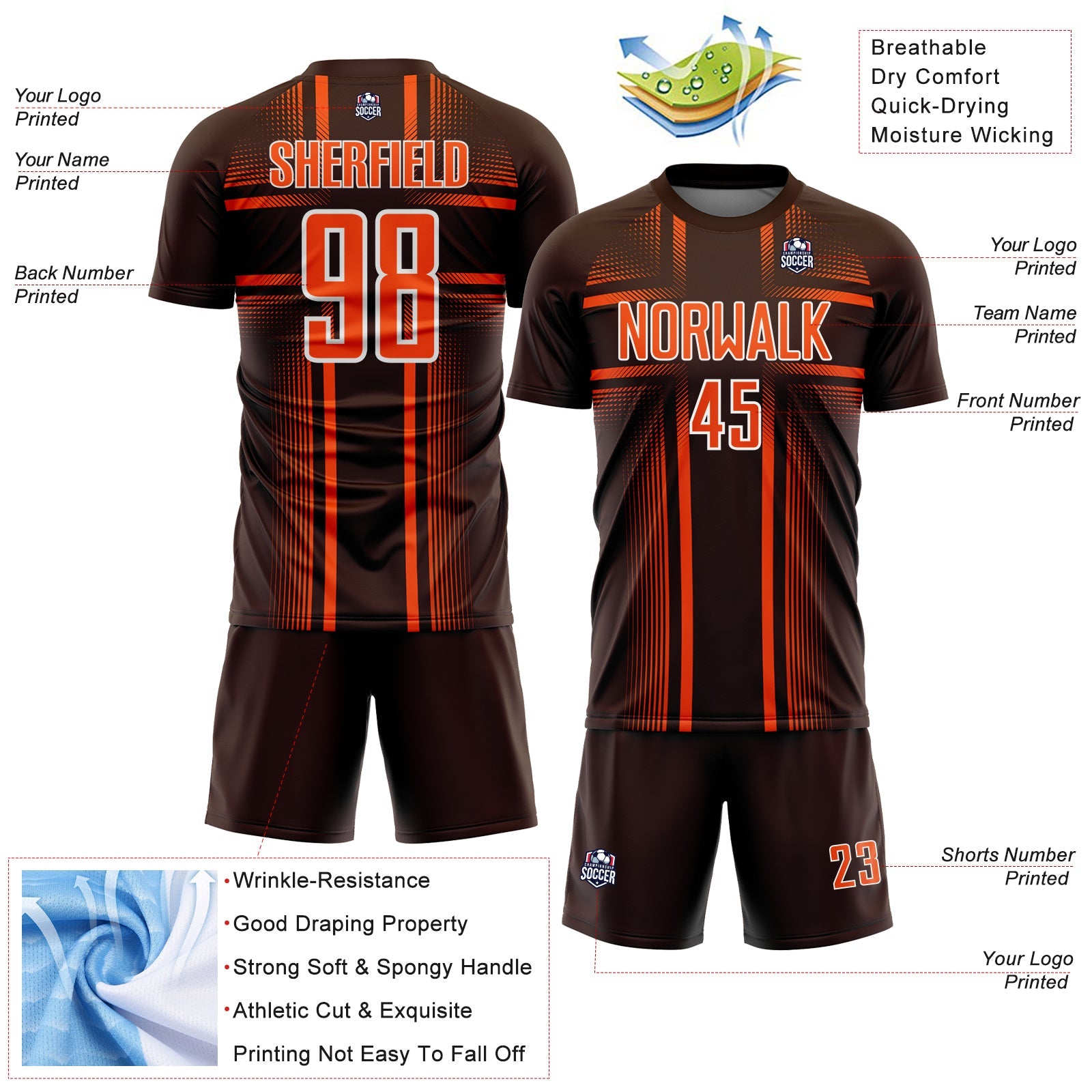 Custom Brown Orange-White Lines Sublimation Soccer Uniform Jersey