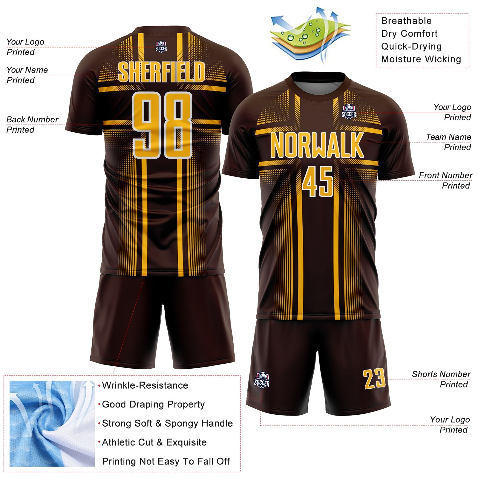 Custom Brown Gold-White Lines Sublimation Soccer Uniform Jersey
