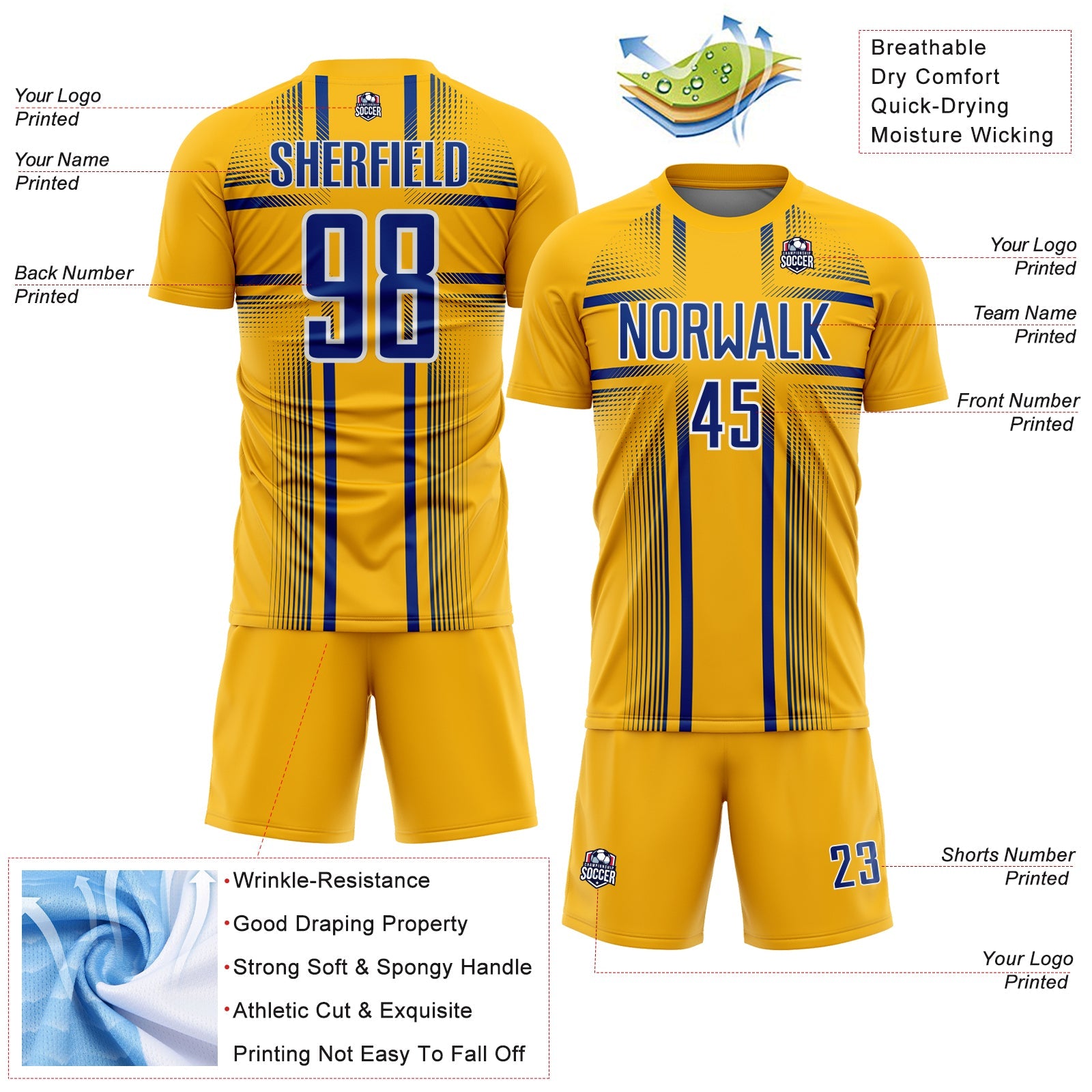 Custom Gold Royal-White Lines Sublimation Soccer Uniform Jersey