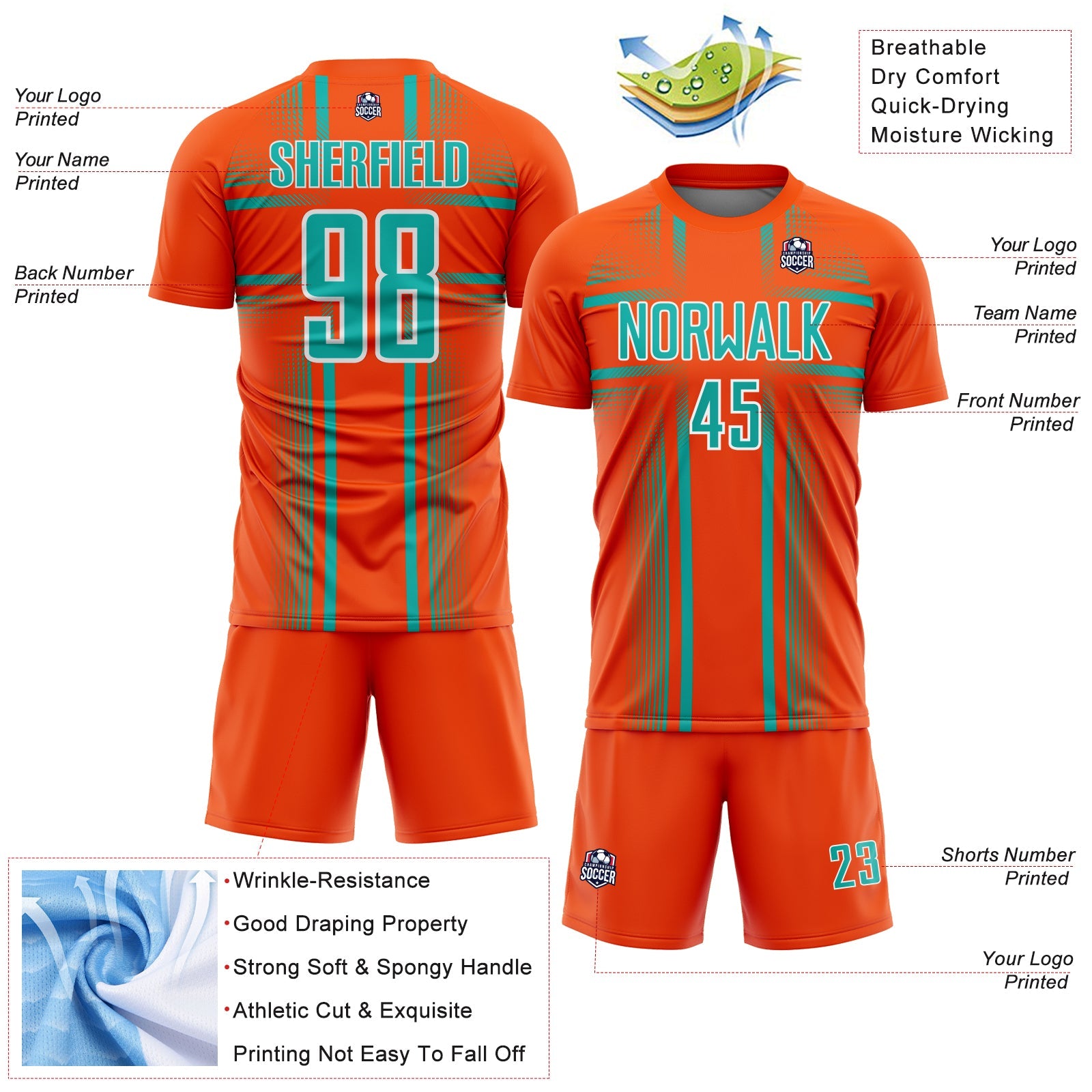 Custom Orange Aqua-White Lines Sublimation Soccer Uniform Jersey