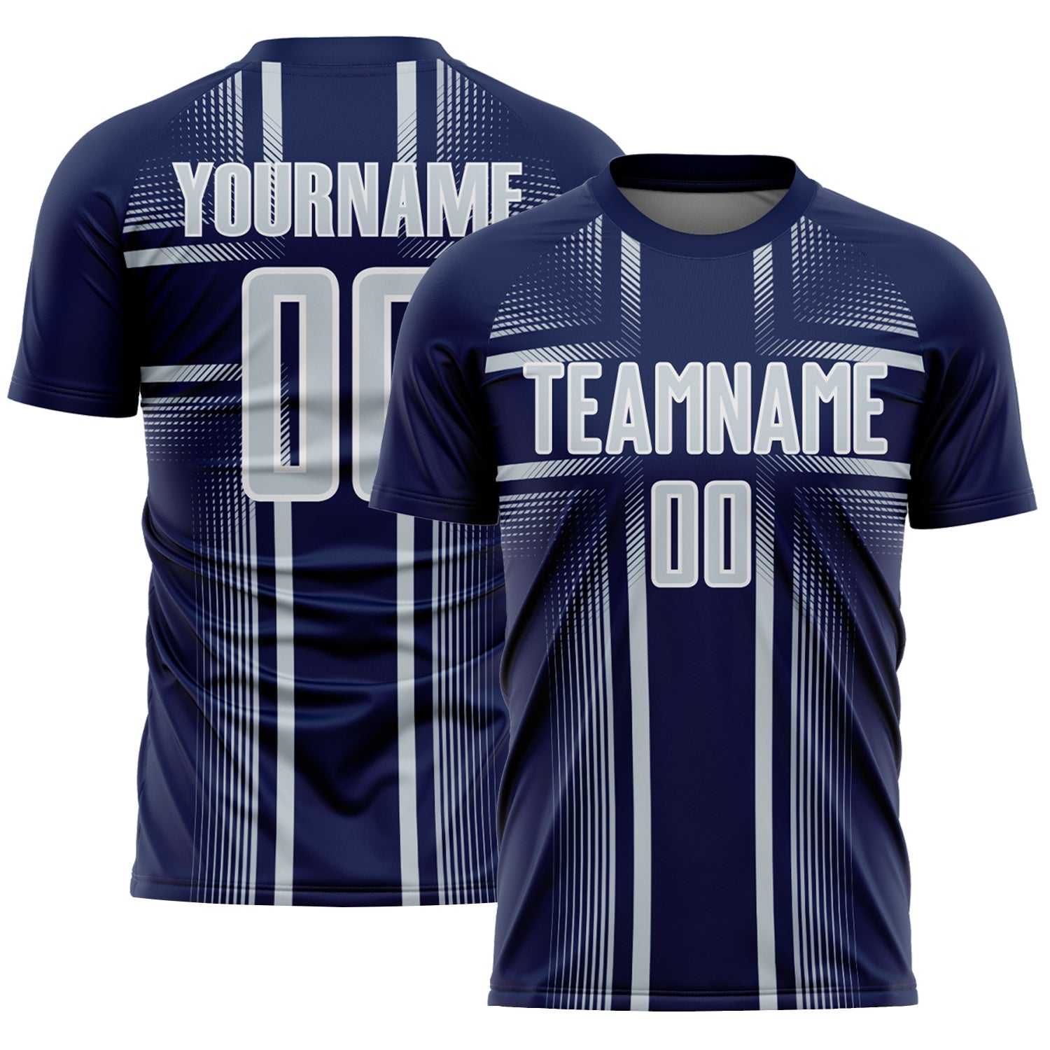 Custom Navy Silver-White Lines Sublimation Soccer Uniform Jersey