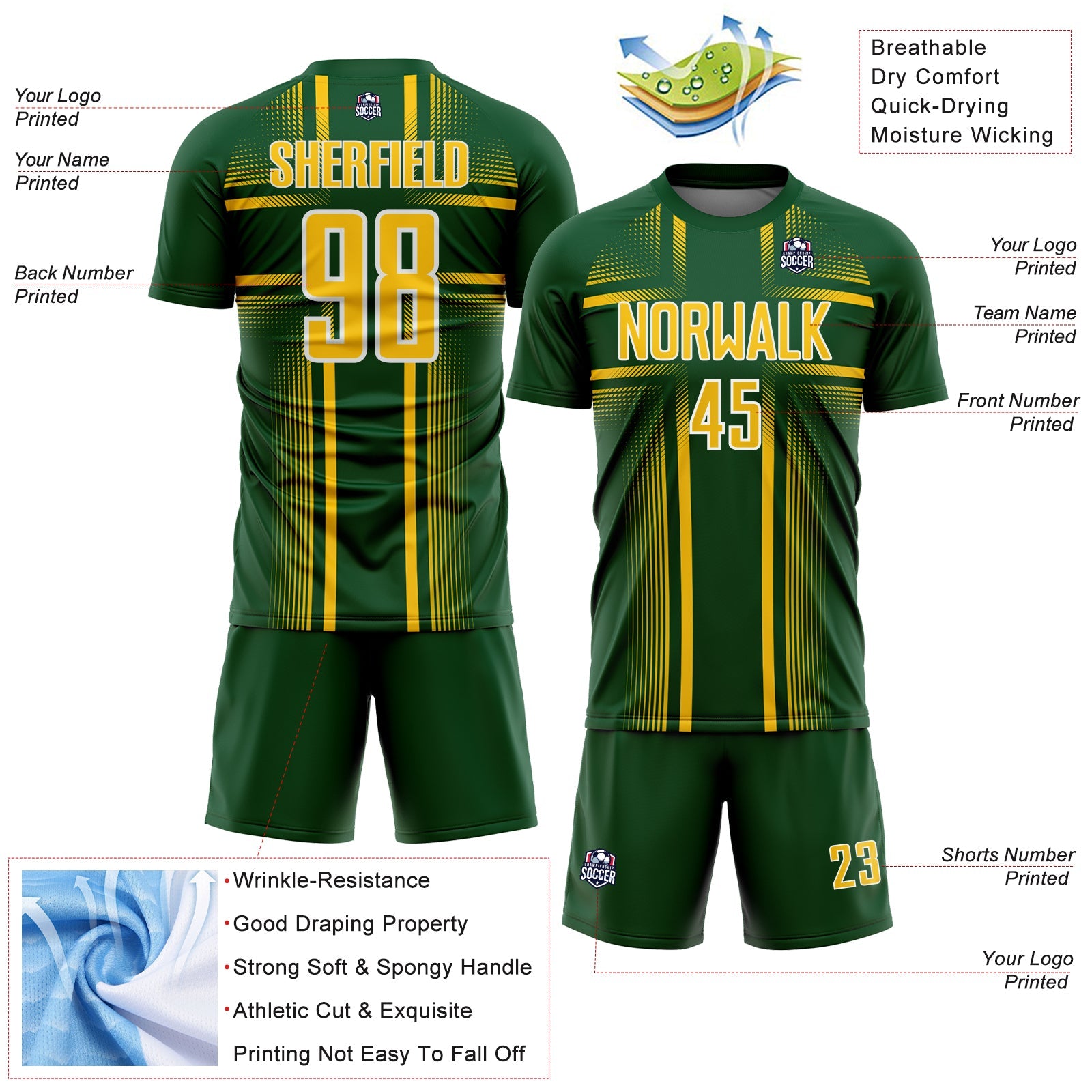 Custom Green Yellow-White Lines Sublimation Soccer Uniform Jersey