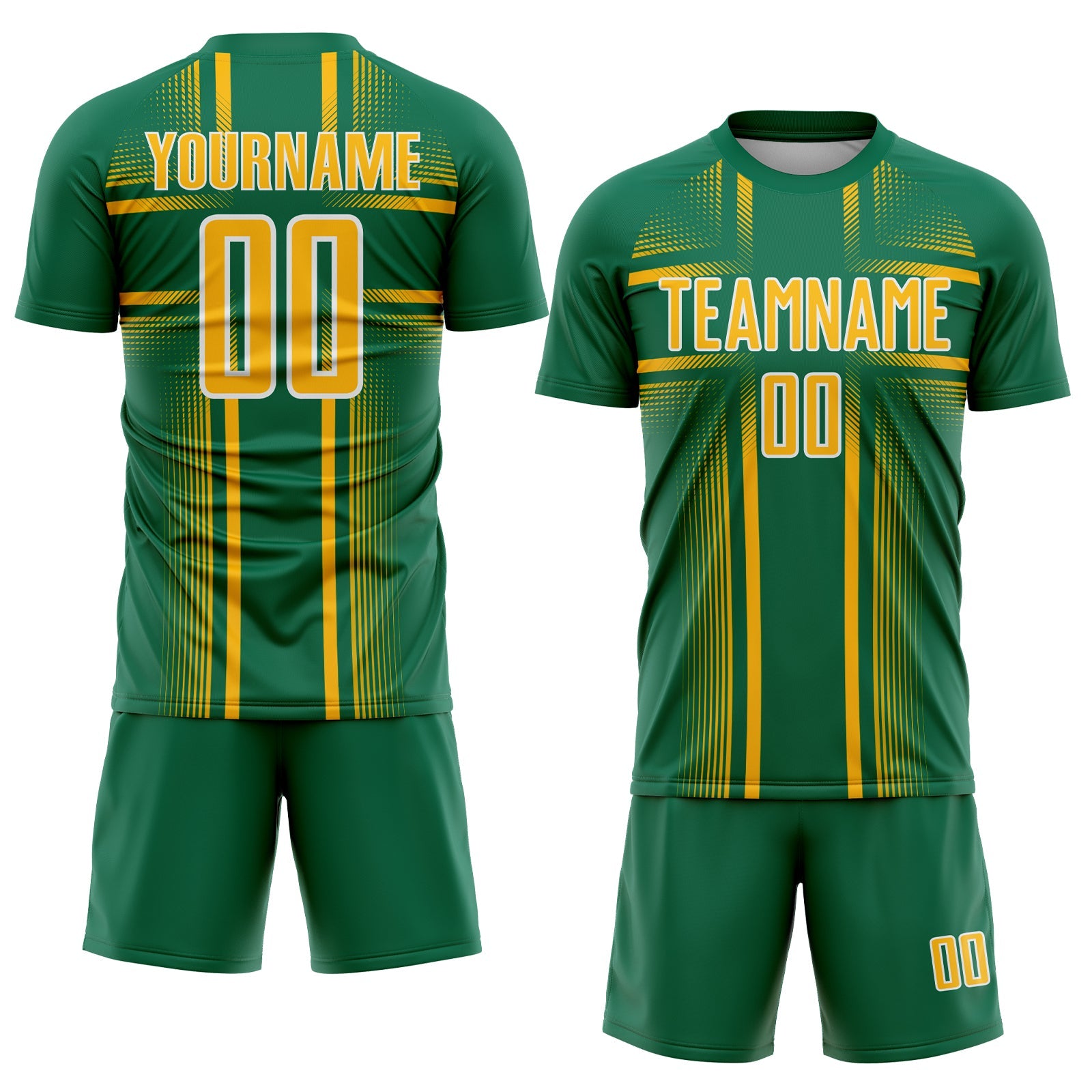 Custom Kelly Green Gold-White Lines Sublimation Soccer Uniform Jersey
