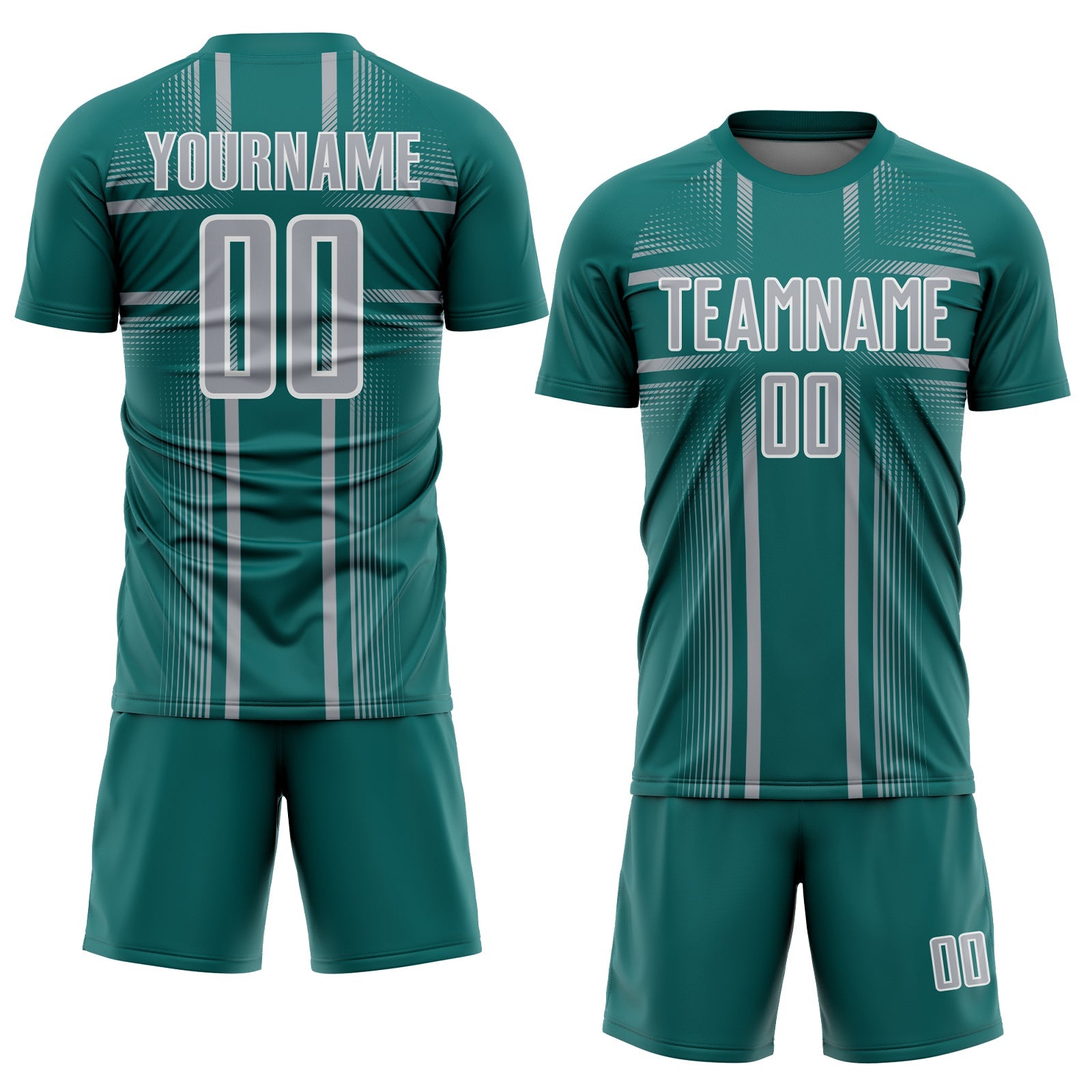 Custom Teal Gray-White Lines Sublimation Soccer Uniform Jersey