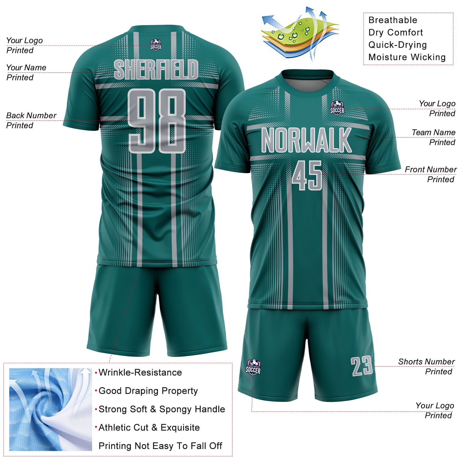 Custom Teal Gray-White Lines Sublimation Soccer Uniform Jersey