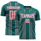 Custom Teal Medium Pink-White Lines Sublimation Soccer Uniform Jersey