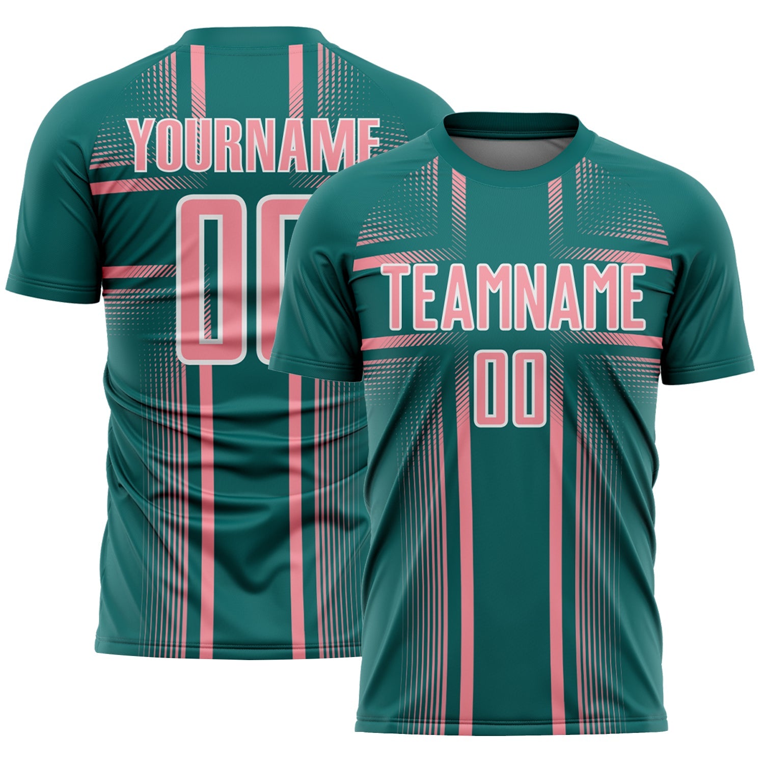 Custom Teal Medium Pink-White Lines Sublimation Soccer Uniform Jersey